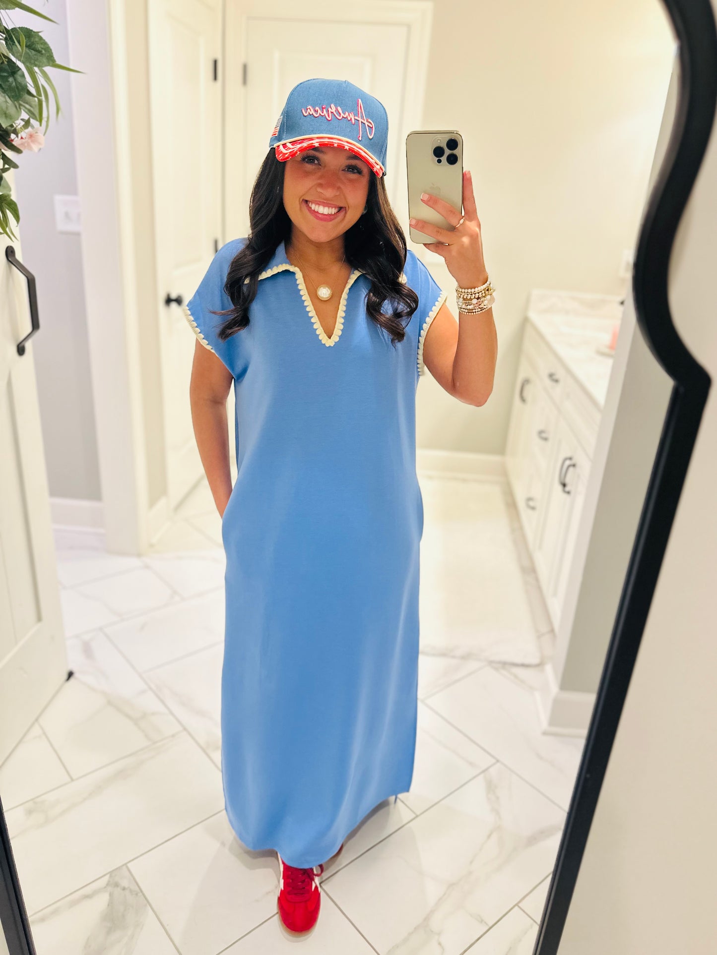 The Sarah Blue Collared Stitch Midi Dress