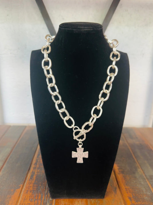 Silver Chunky Chain Hammered Cross Necklace