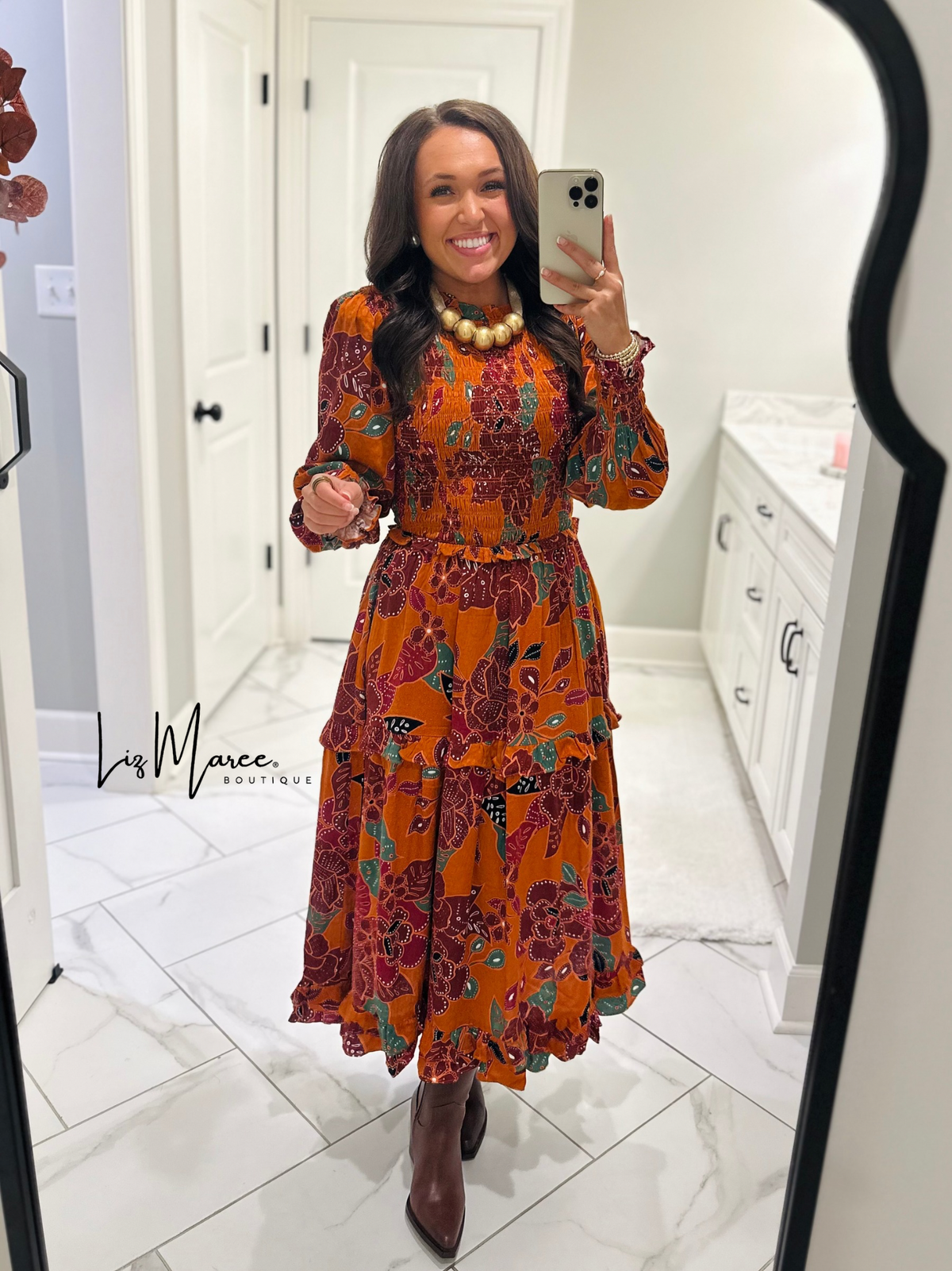 The Marven Rust Brown Floral Smocked Midi Dress