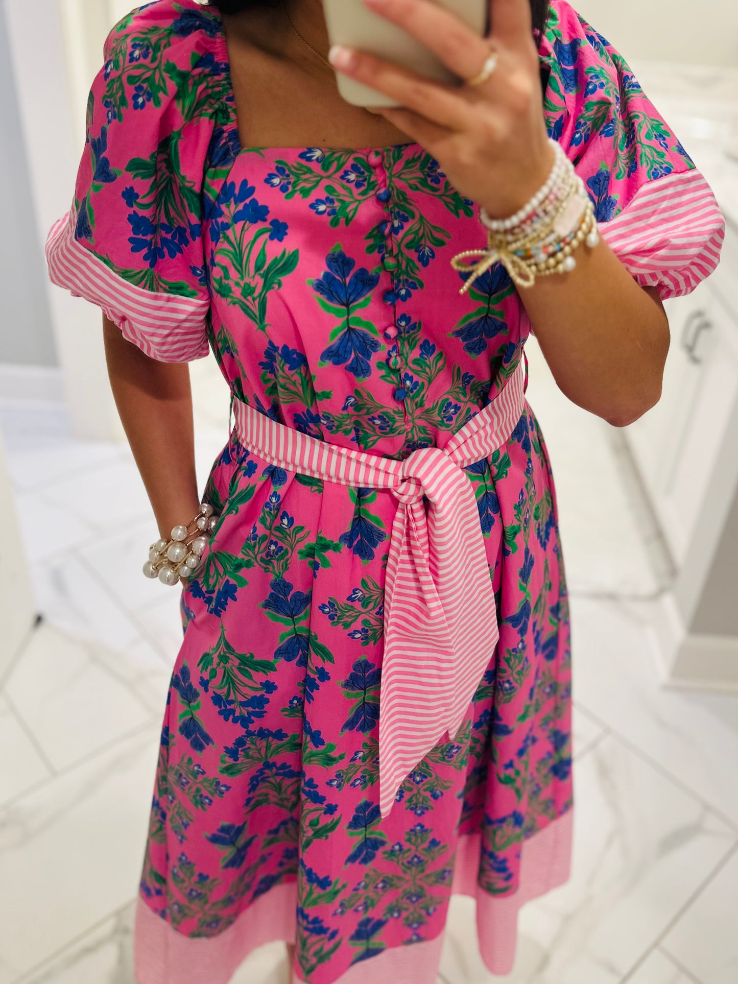 The Harlee Pink Botanical Midi Dress