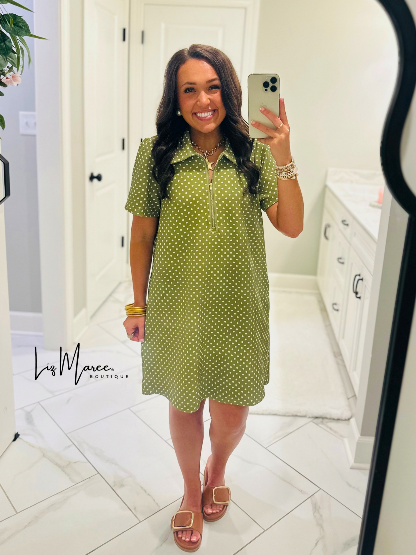 The Hadley Olive Green Polka Dot Quarter Zip Dress