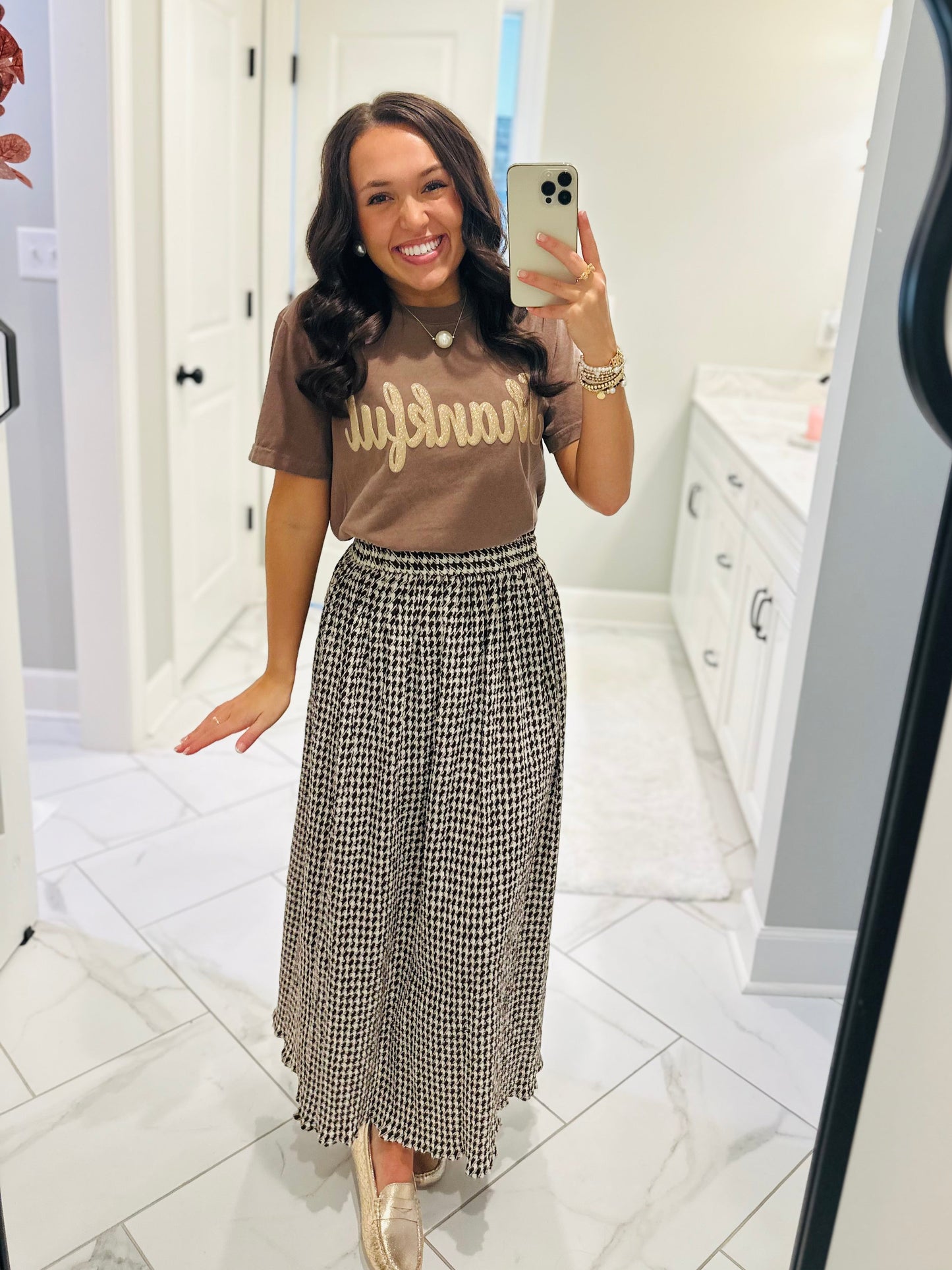 The Chocolate Brown Houndstooth Midi Skirt