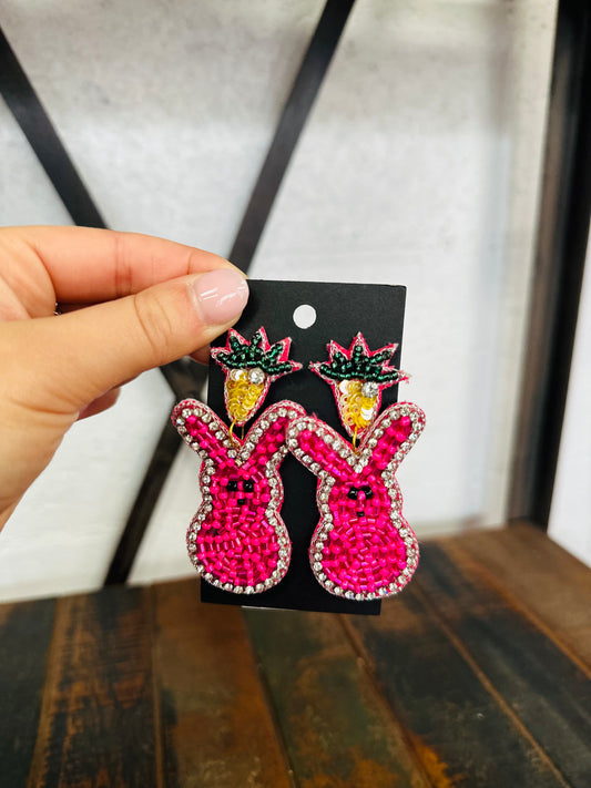 Hot Pink Easter Bunny Beaded Earrings