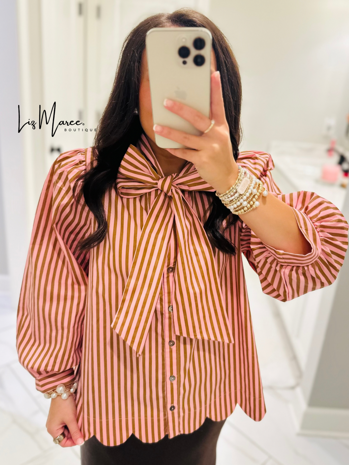 The Shelby Pink + Brown Striped Bow Top