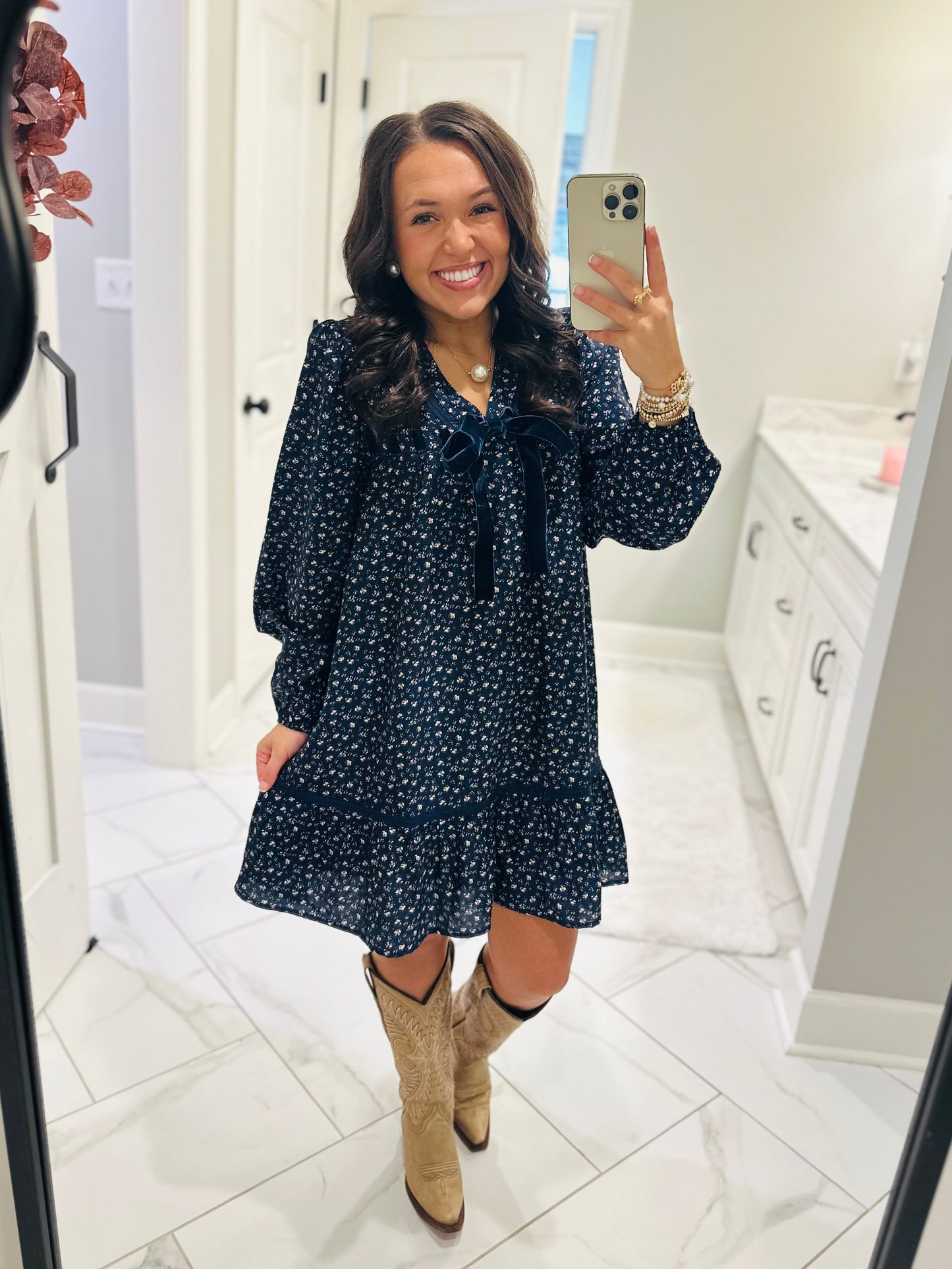 The Rhea Navy Floral Long Sleeve Bow Detail Dress