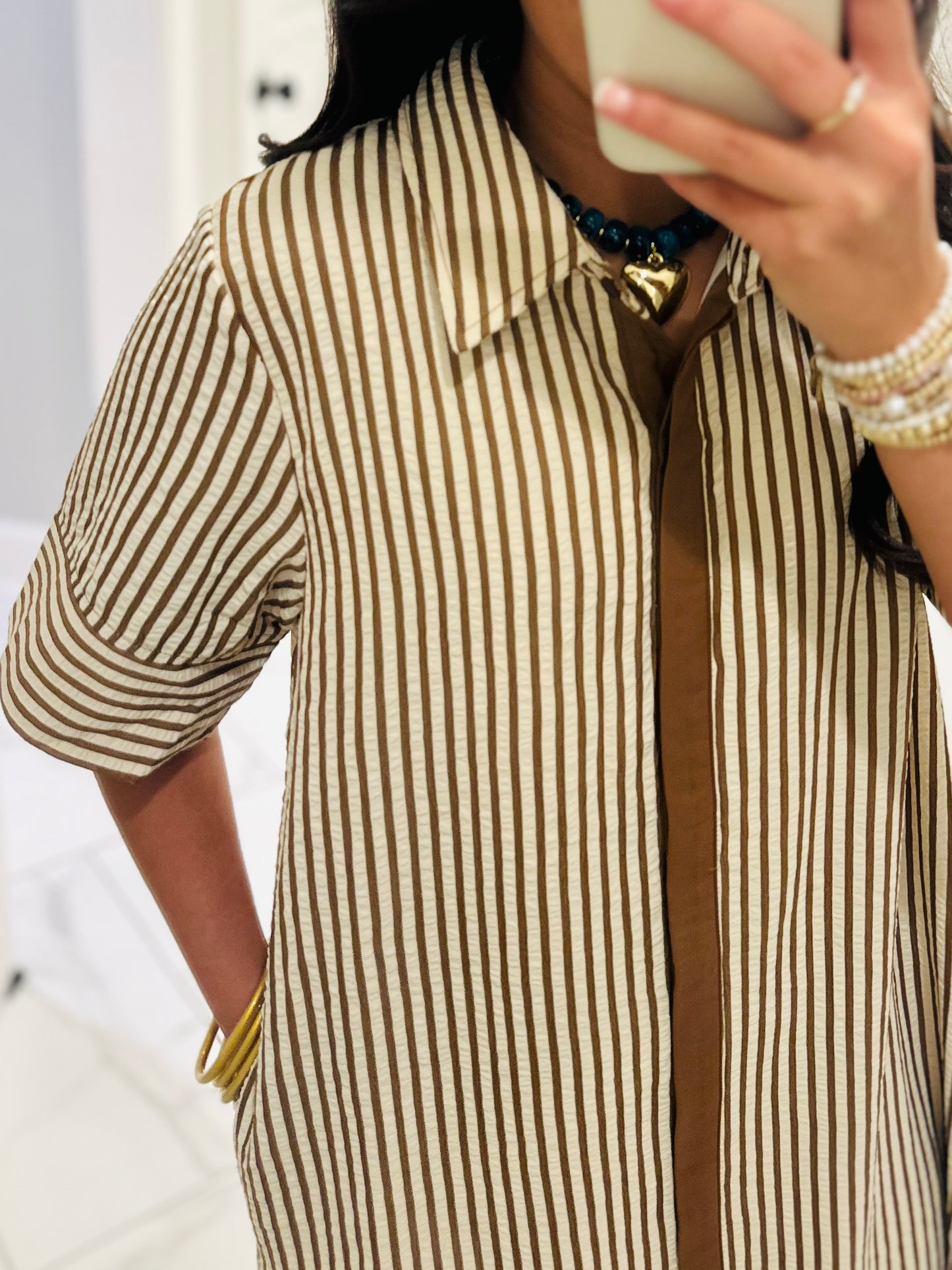 The Nora Caramel Brown Striped Midi Dress