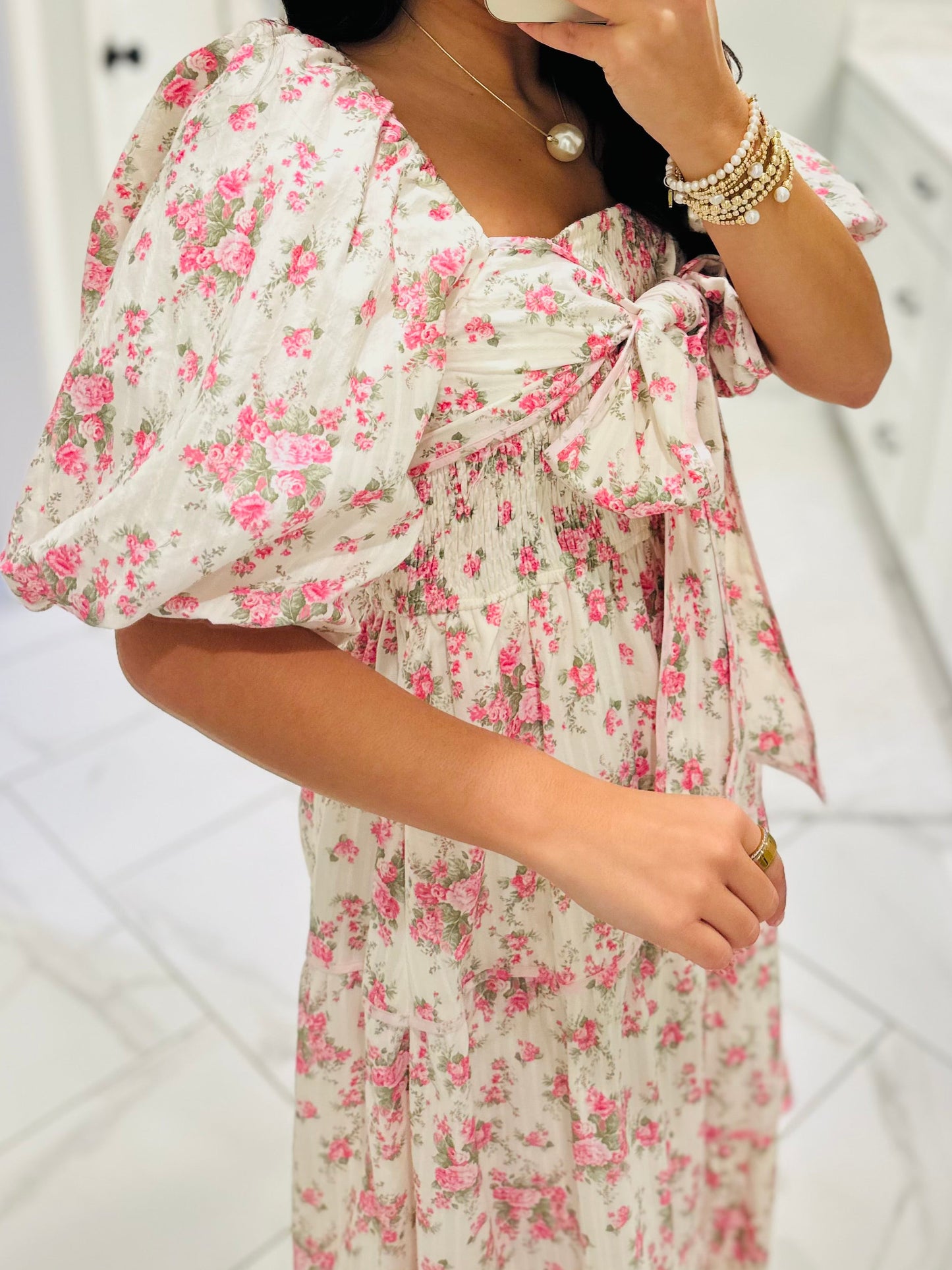 The Lola Floral Tiered Bow Front Midi Dress
