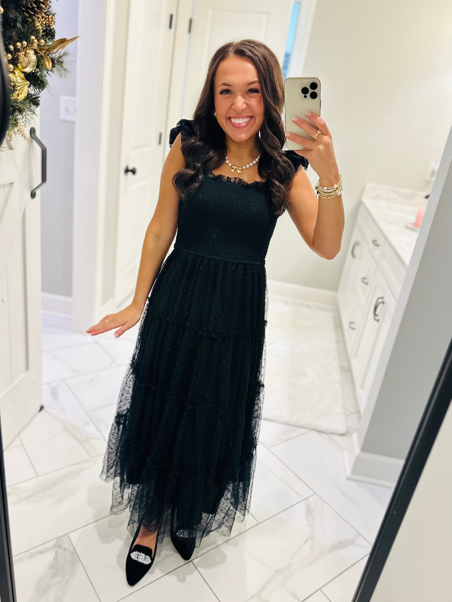 The Noelle Black Polka Dot Chiffon Smocked Midi Dress