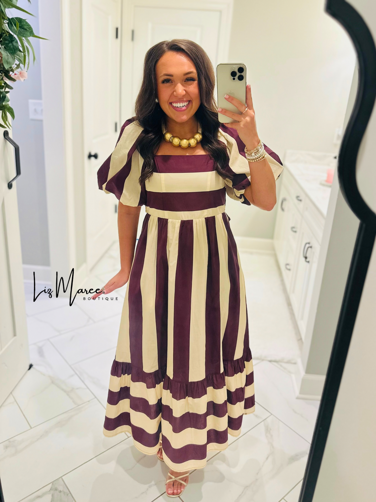 The Danyale Merlot Striped Bow Midi Dress