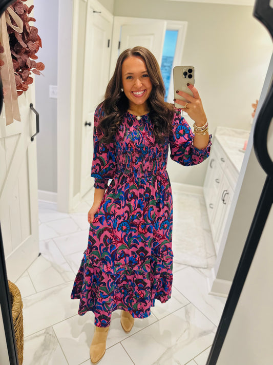 The Val Mauve Floral Smocked Maxi Dress
