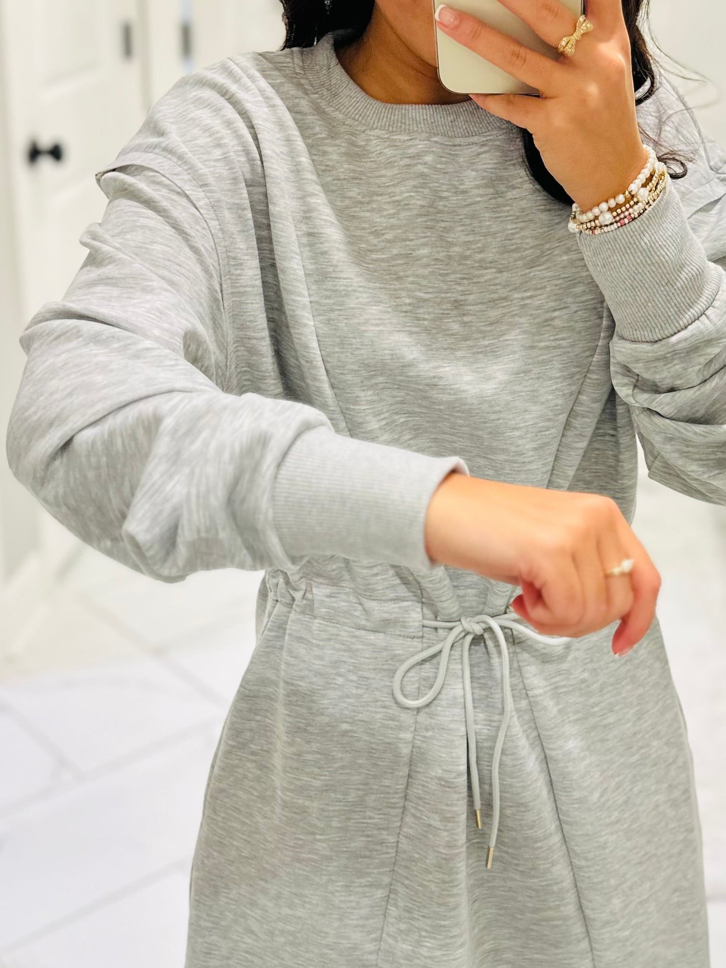 The Heather Grey Jersey Knit Longsleeve Drawstring Dress