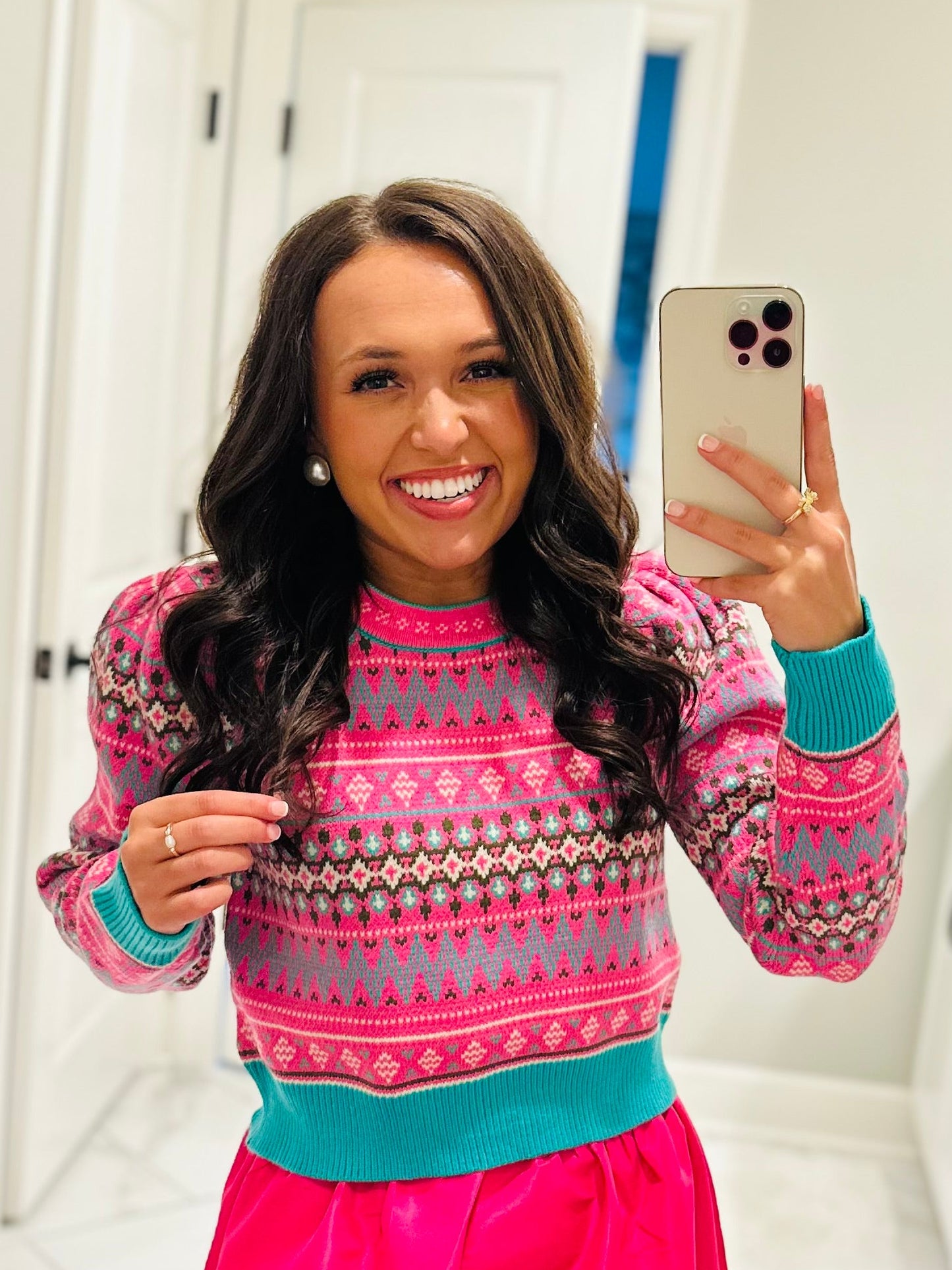 The Alya Hot Pink Fair Isle Print Cropped Sweater