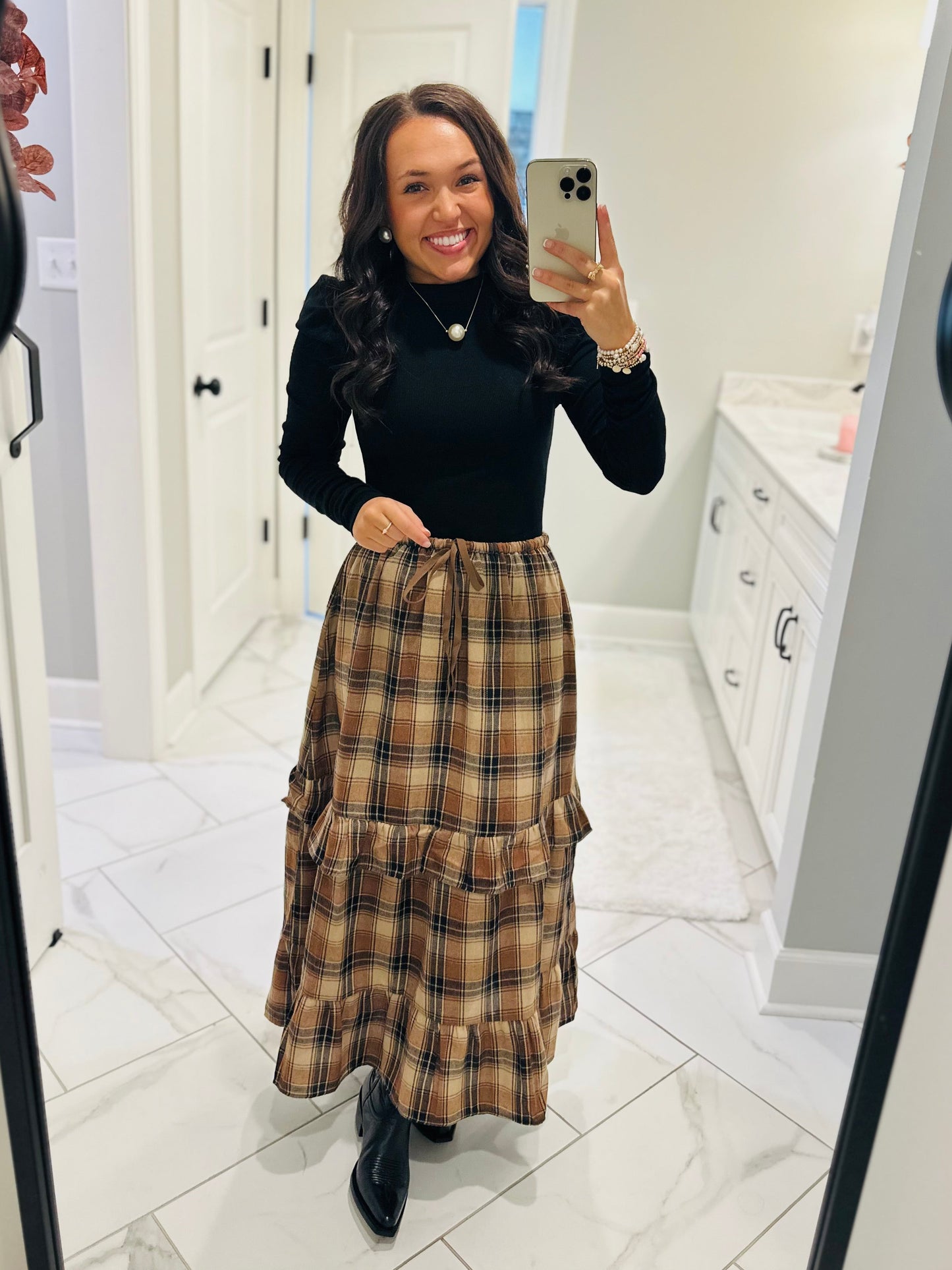 The Raine Mocha Plaid Ruffle Tiered Midi Skirt