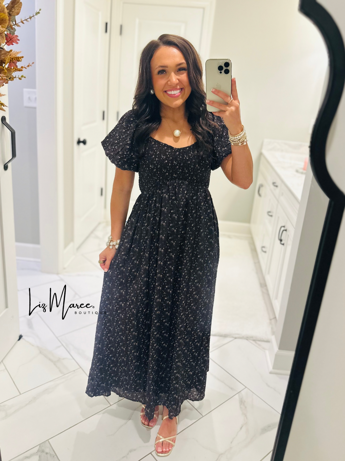 The Miley Dark Brown Ditsy Floral Smocked Maxi Dress