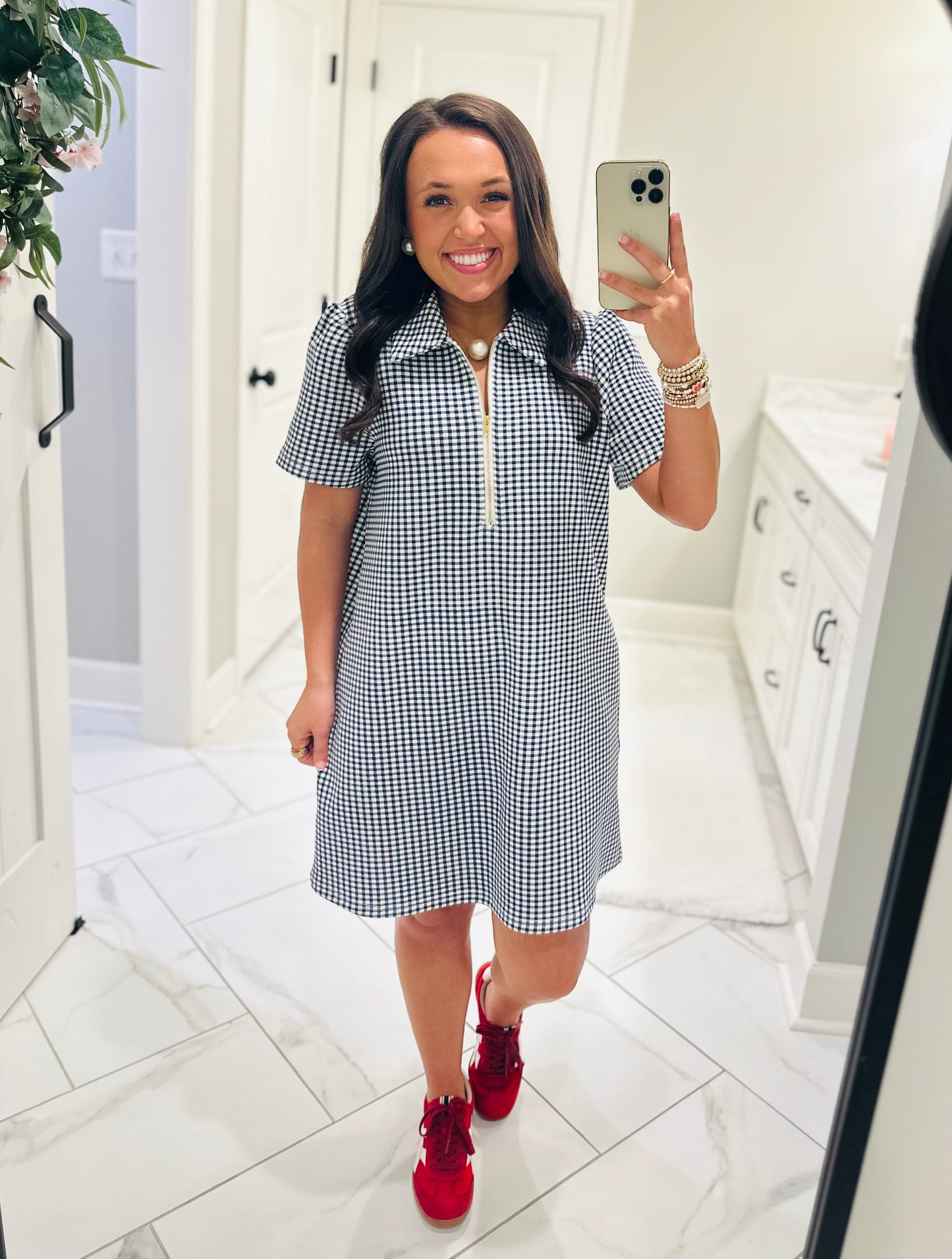 The Lee Navy Gingham Quarter Zip Dress