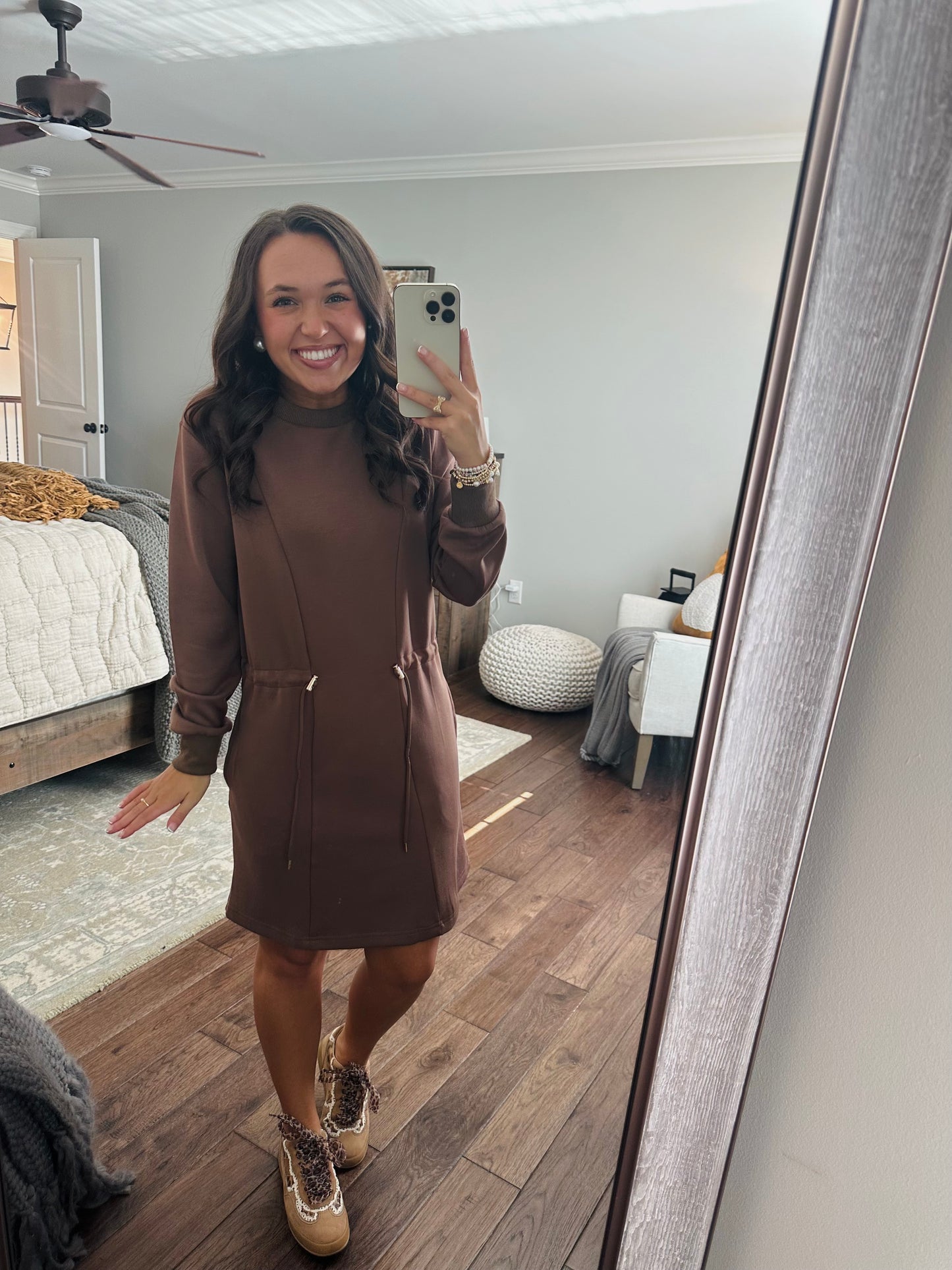 The Mocha Jersey Knit Long Sleeve Drawstring Dress