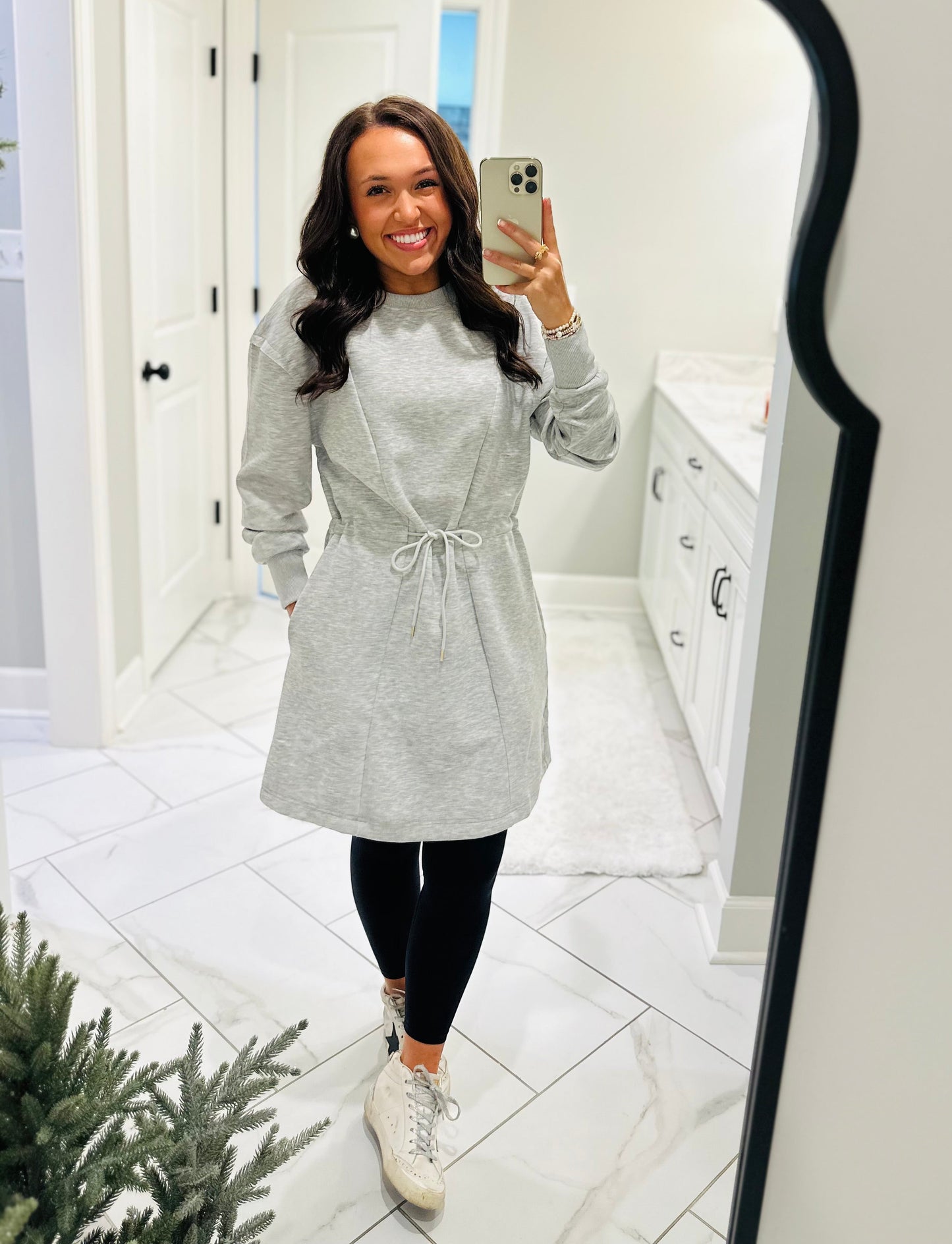 The Heather Grey Jersey Knit Longsleeve Drawstring Dress