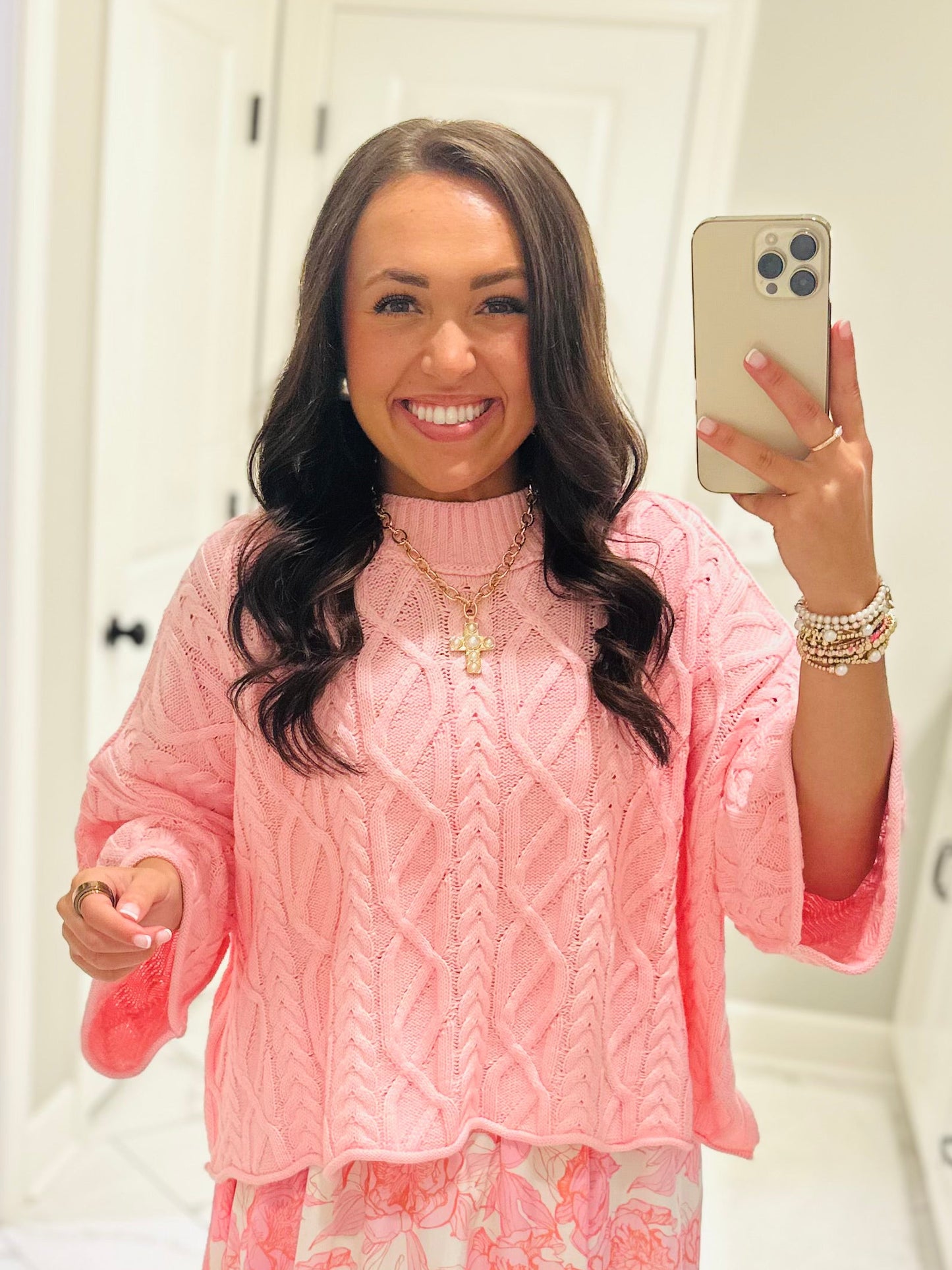 The Eliza Pink Chunky Ribbed Knit Cable Sweater