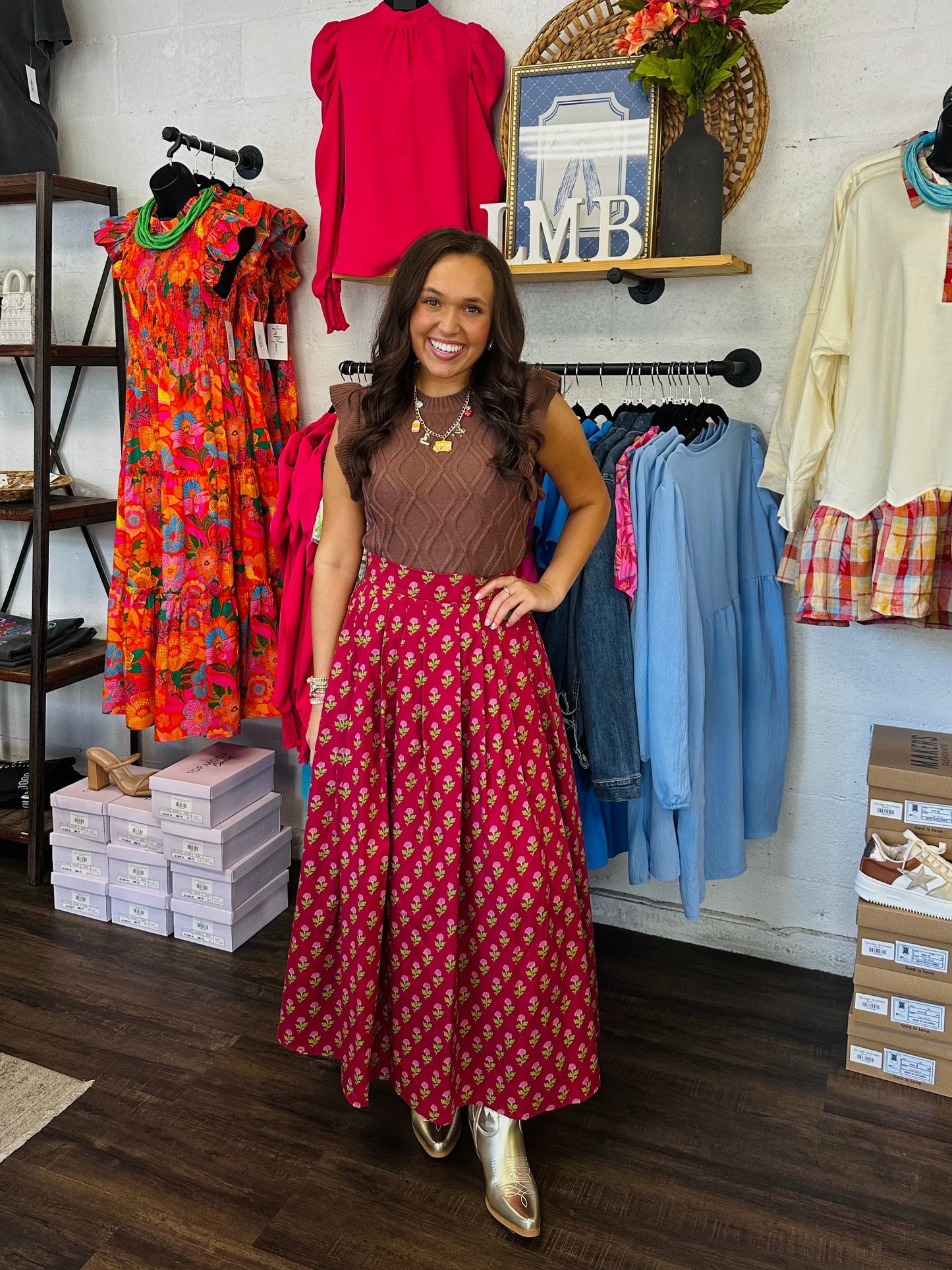 The Austin Burgundy Floral Midi Skirt