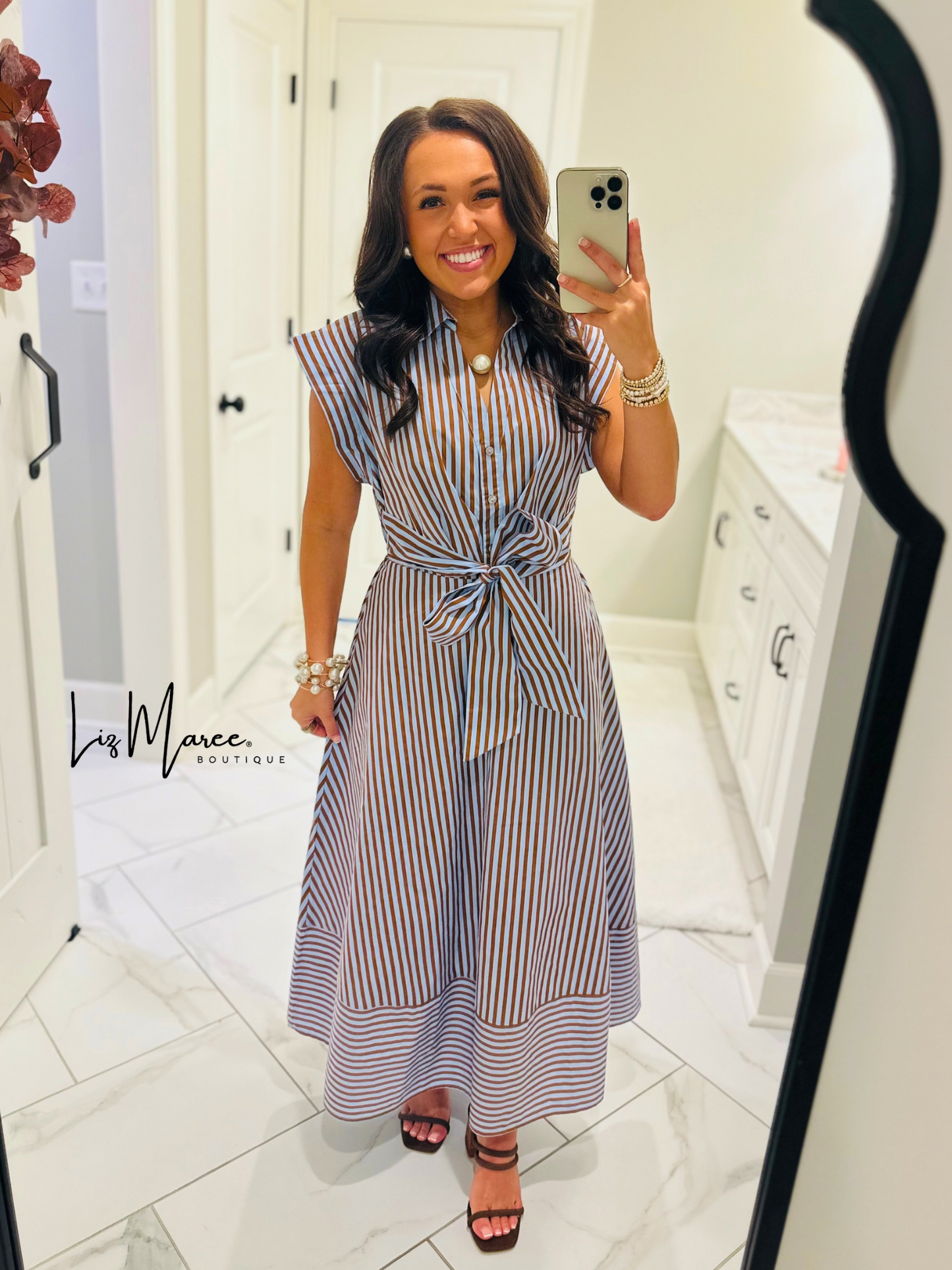 The Charity Blue + Brown Striped Midi Dress