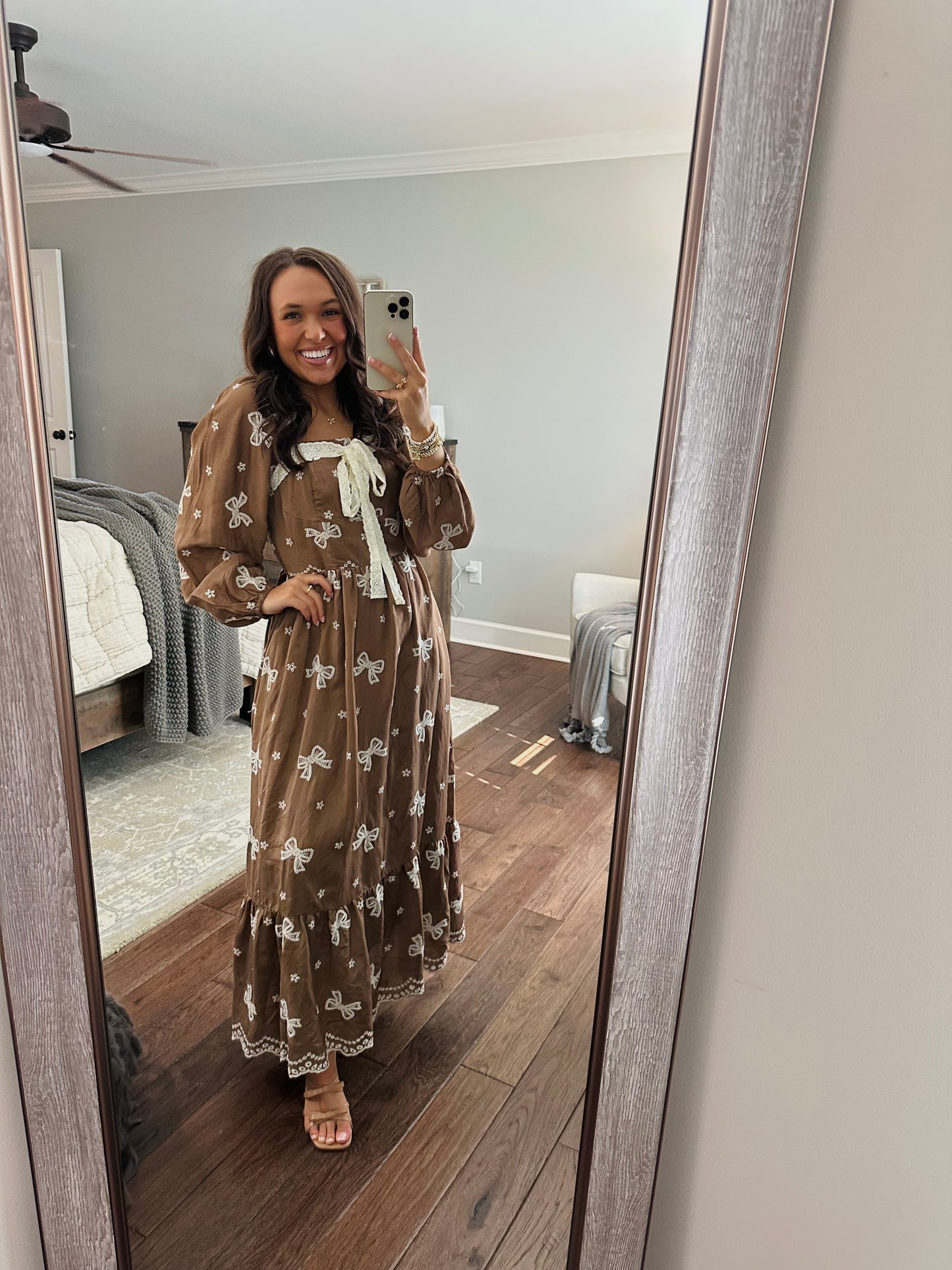 The Bruna Brown Bow Embroidered Midi Dress