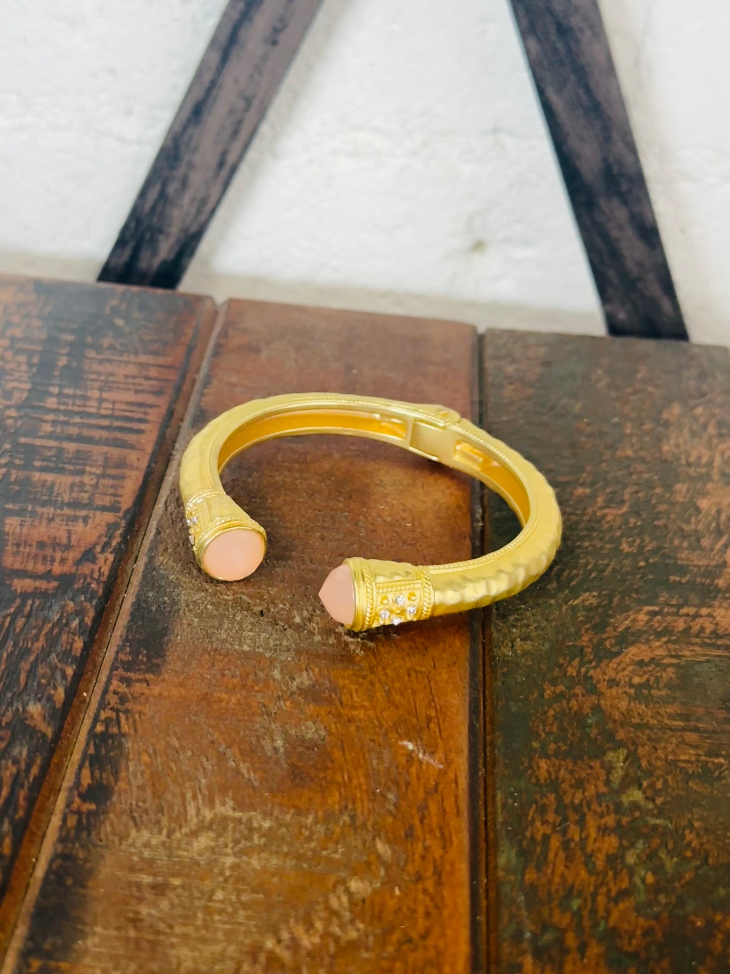 Gold Hammered Pink Bead End Cuff Bracelet