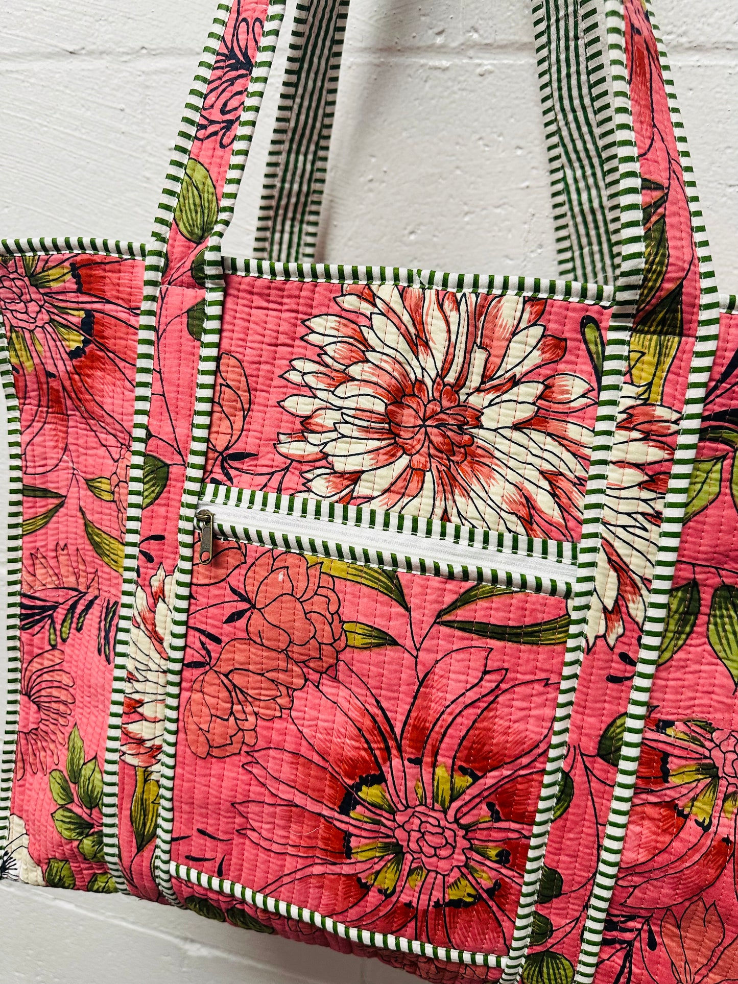 The Coral Pink Flower Power Quilted Tote Bag
