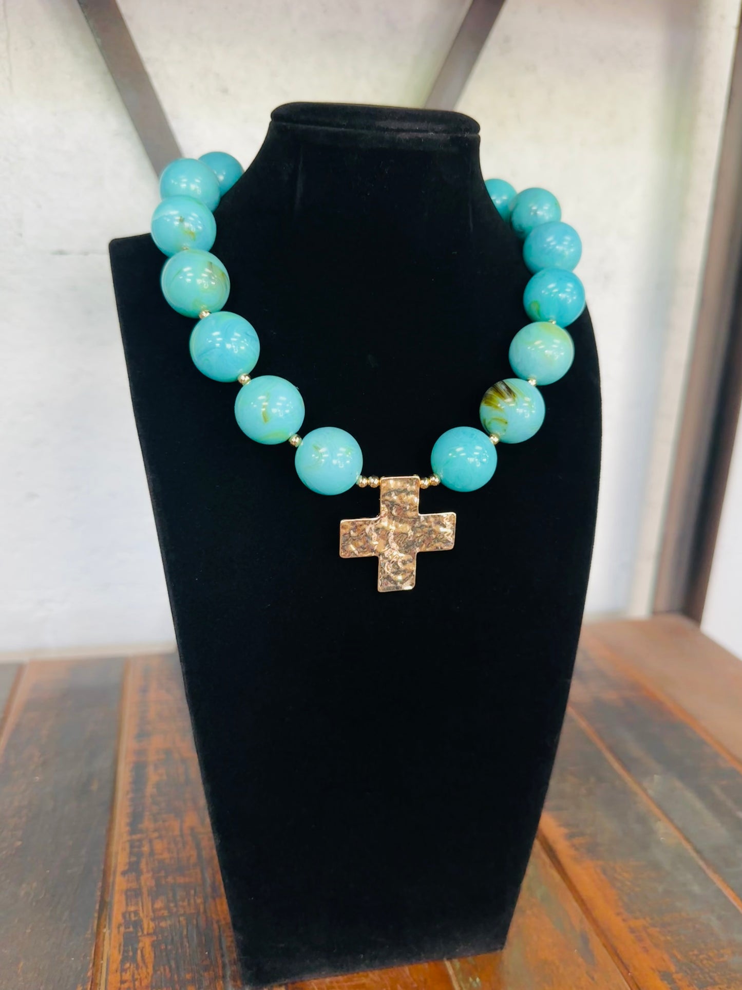 Turquoise + Gold Cross Pendant Marble Ball Necklace