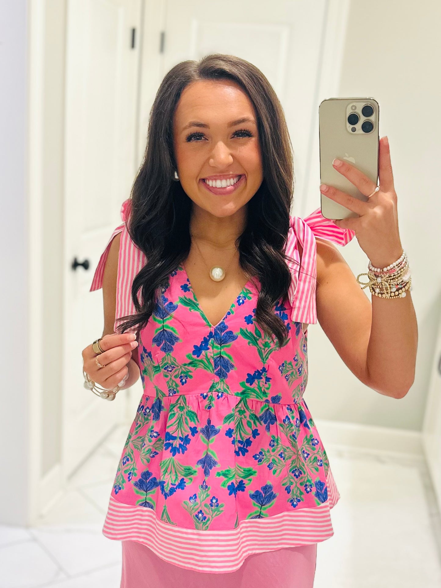 The Rory Pink Botanical Shoulder Bow Top
