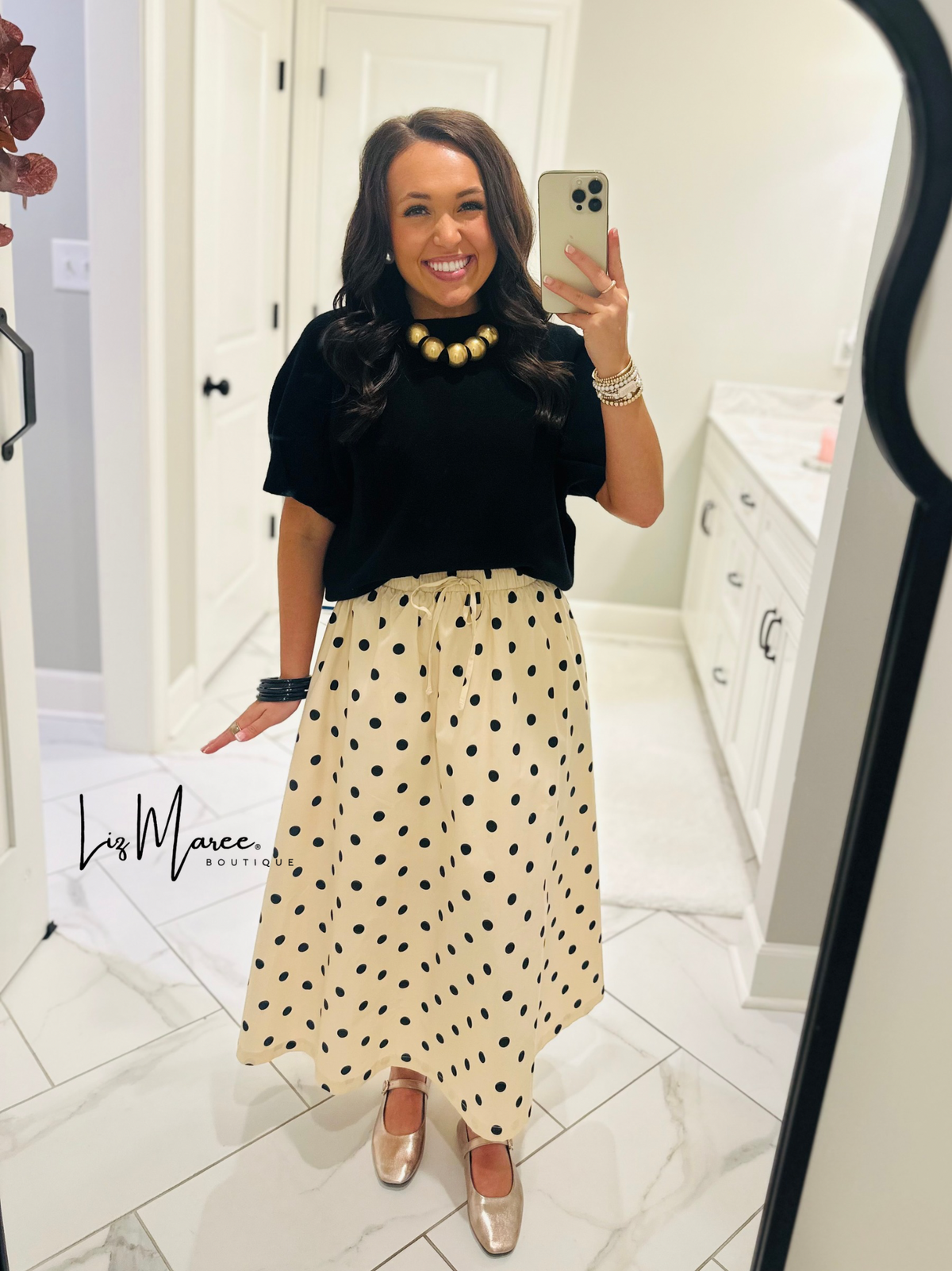 The Olivia Cream + Black Polka Dot Midi Skirt