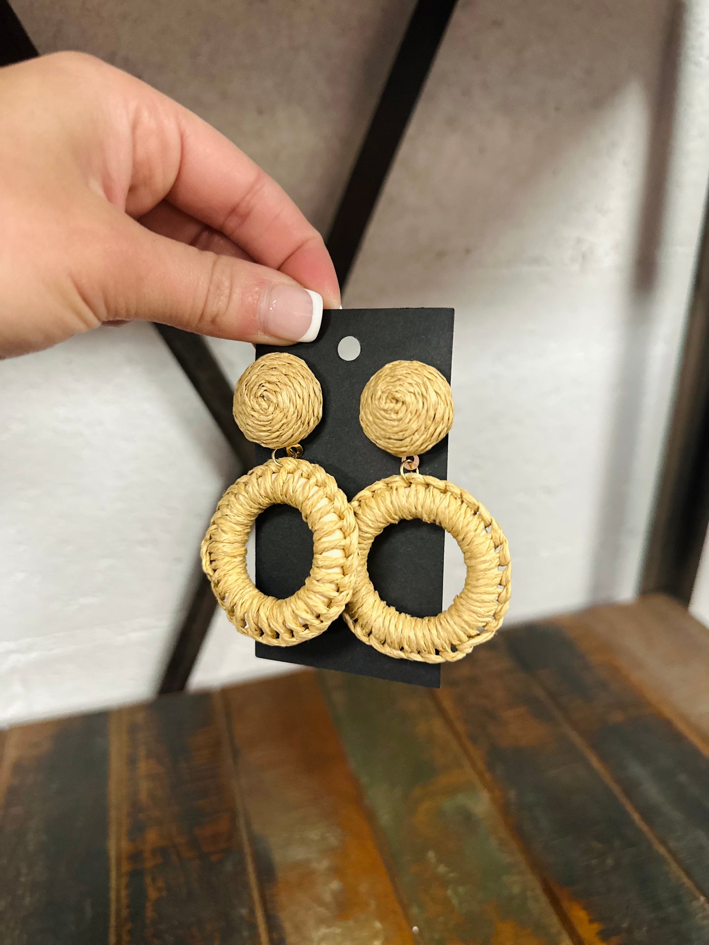 Brown Rattan Wrapped Circle Drop Earrings