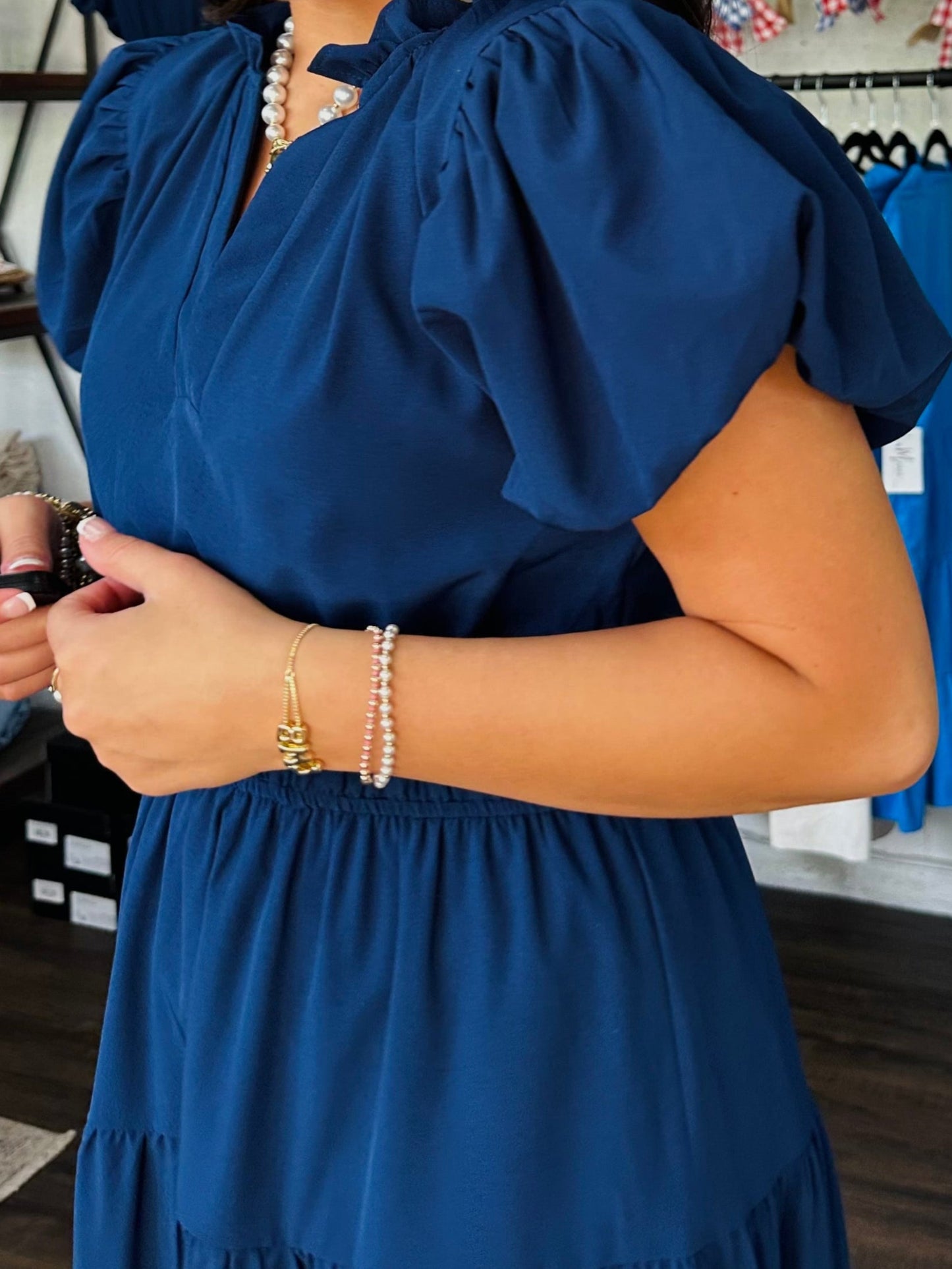 The Elizabeth Navy Puff Sleeve Midi Dress