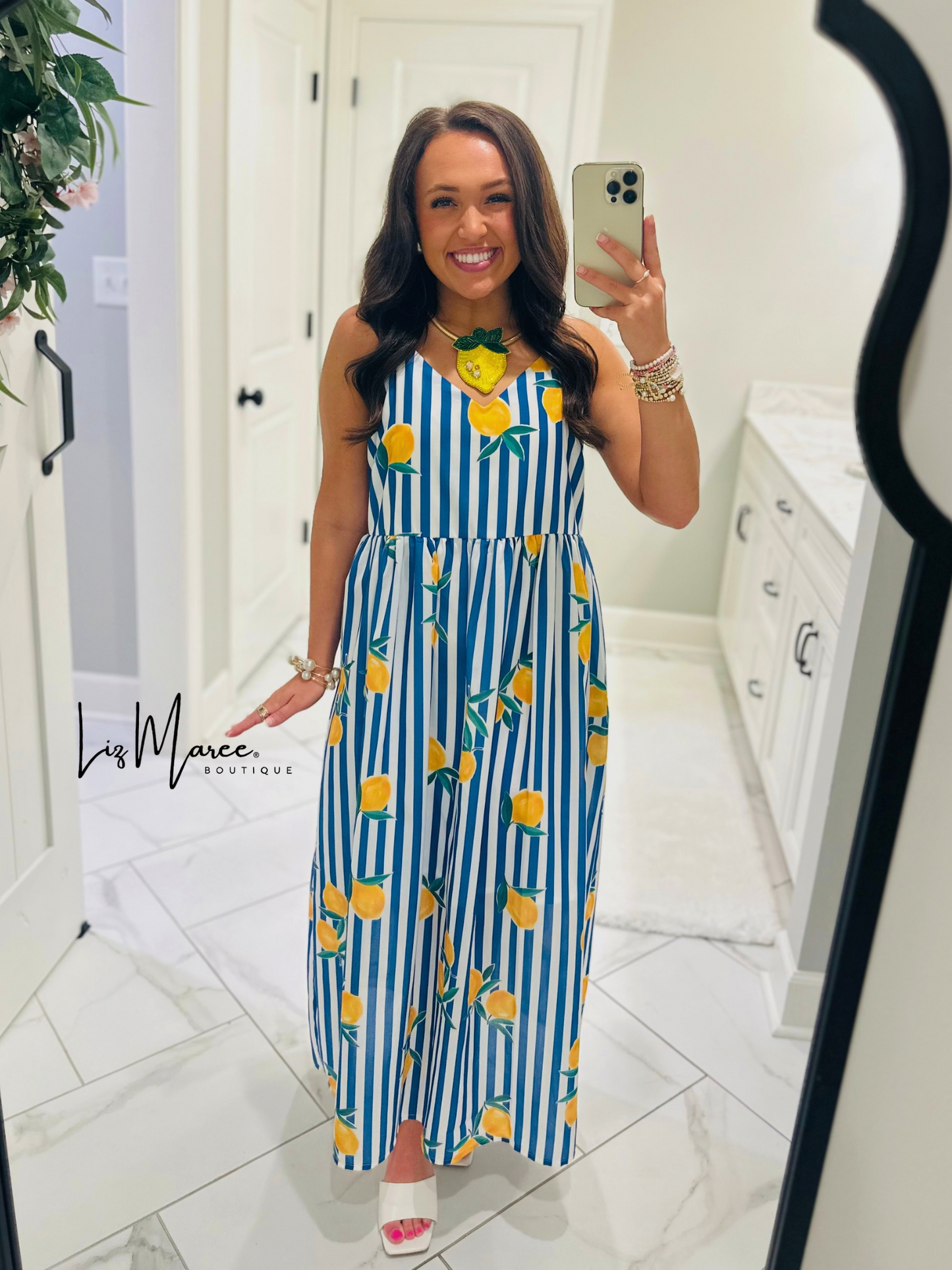 The Cass Blue Striped Lemon Midi Dress