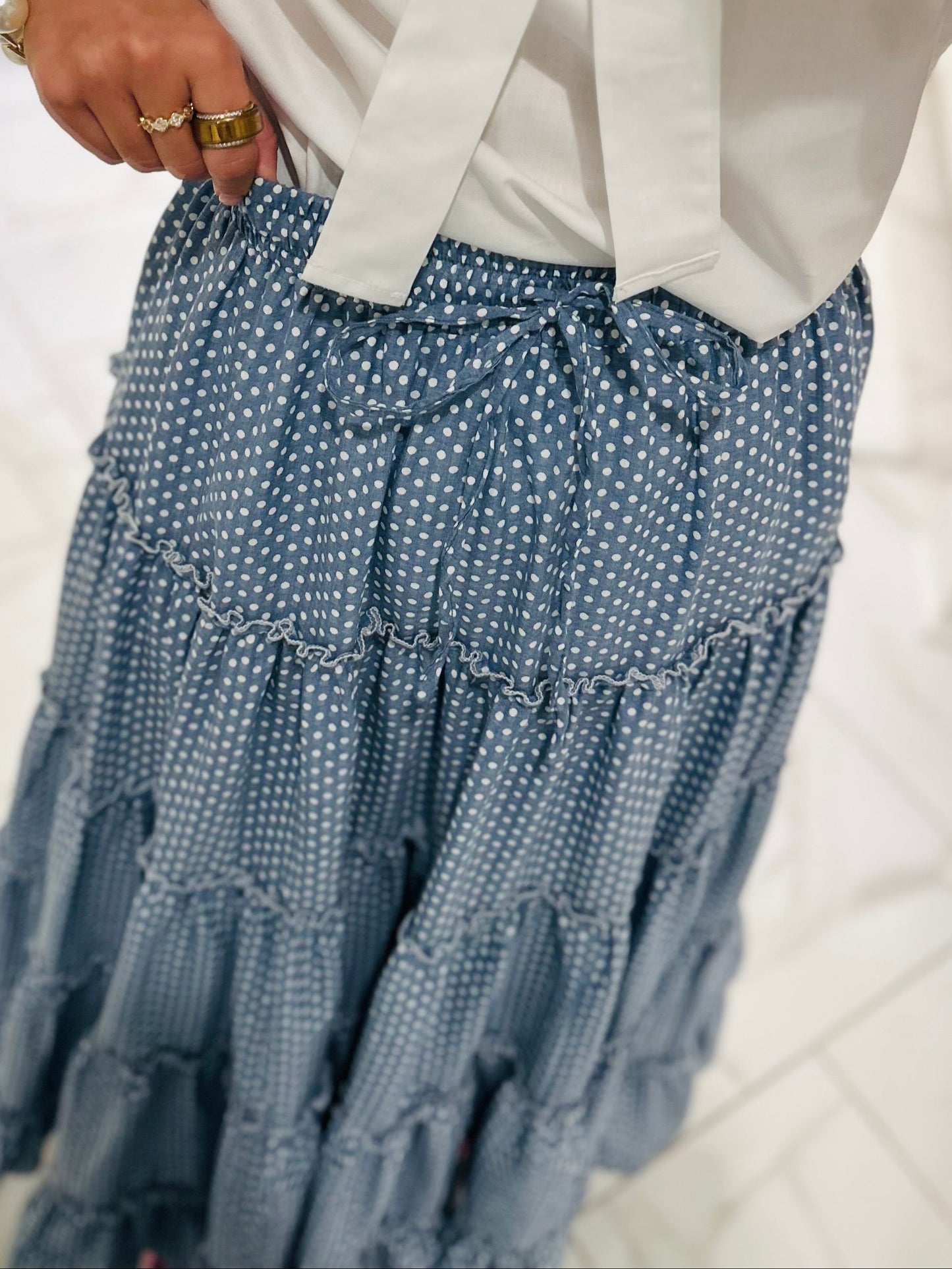The Shelby Denim Polka Dot Maxi Skirt