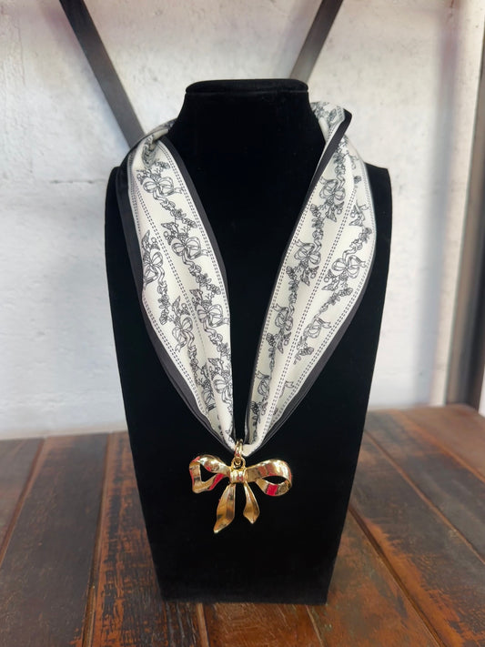 Black Bow Floral Silk Scarf + Gold Bow Pendant