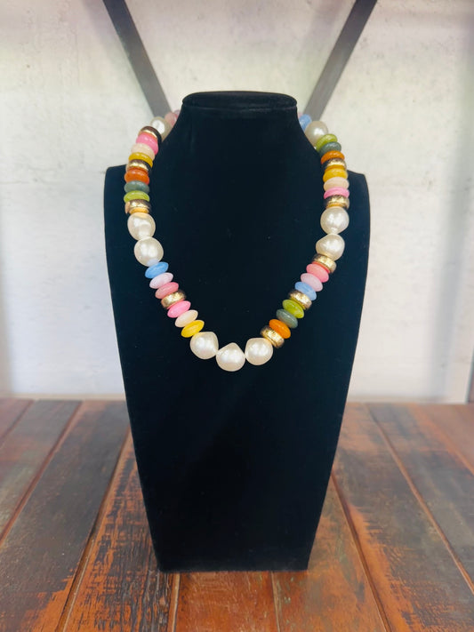 Multi + Gold Pearl Bead Necklace
