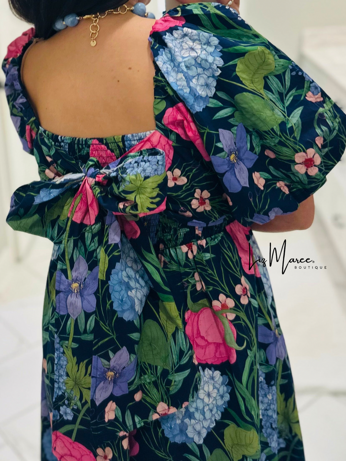 The Danyale Navy Floral Bow Midi Dress