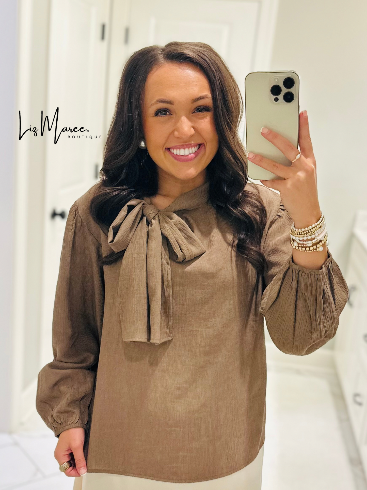 The Lorie Coco Brown Long Sleeve Bow Top