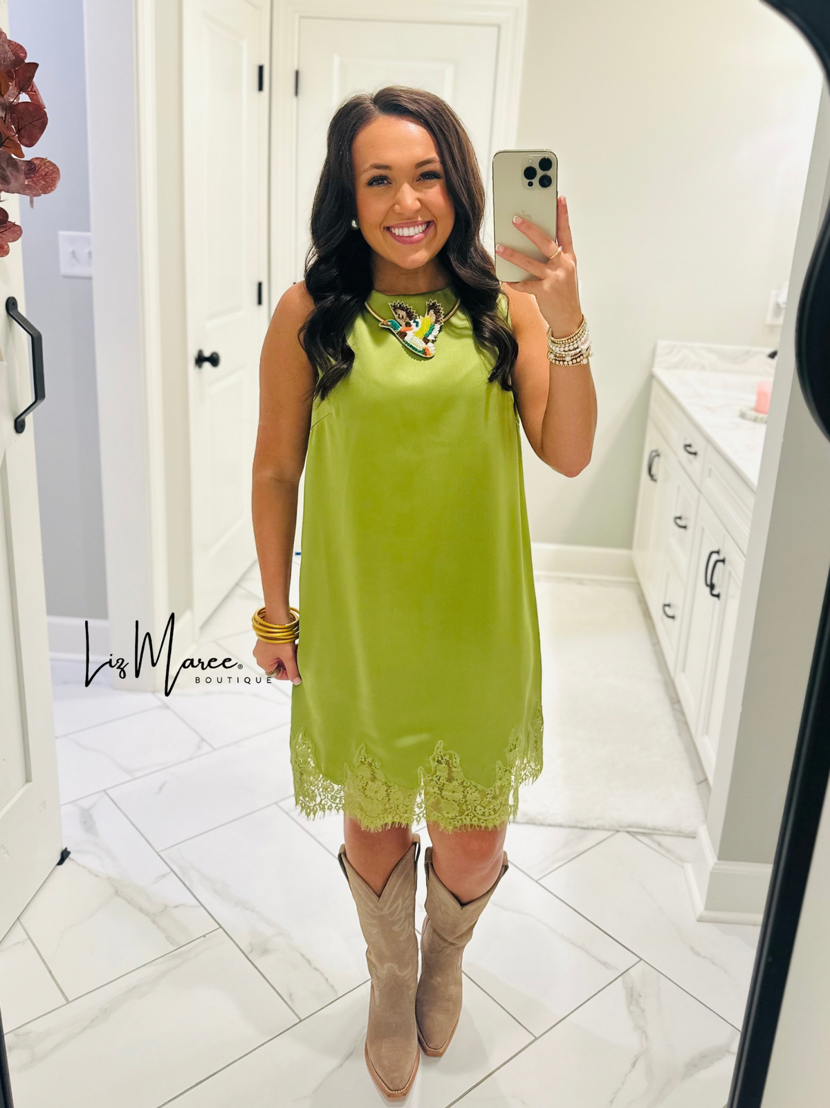The Lola Olive Green Satin Lace Dress