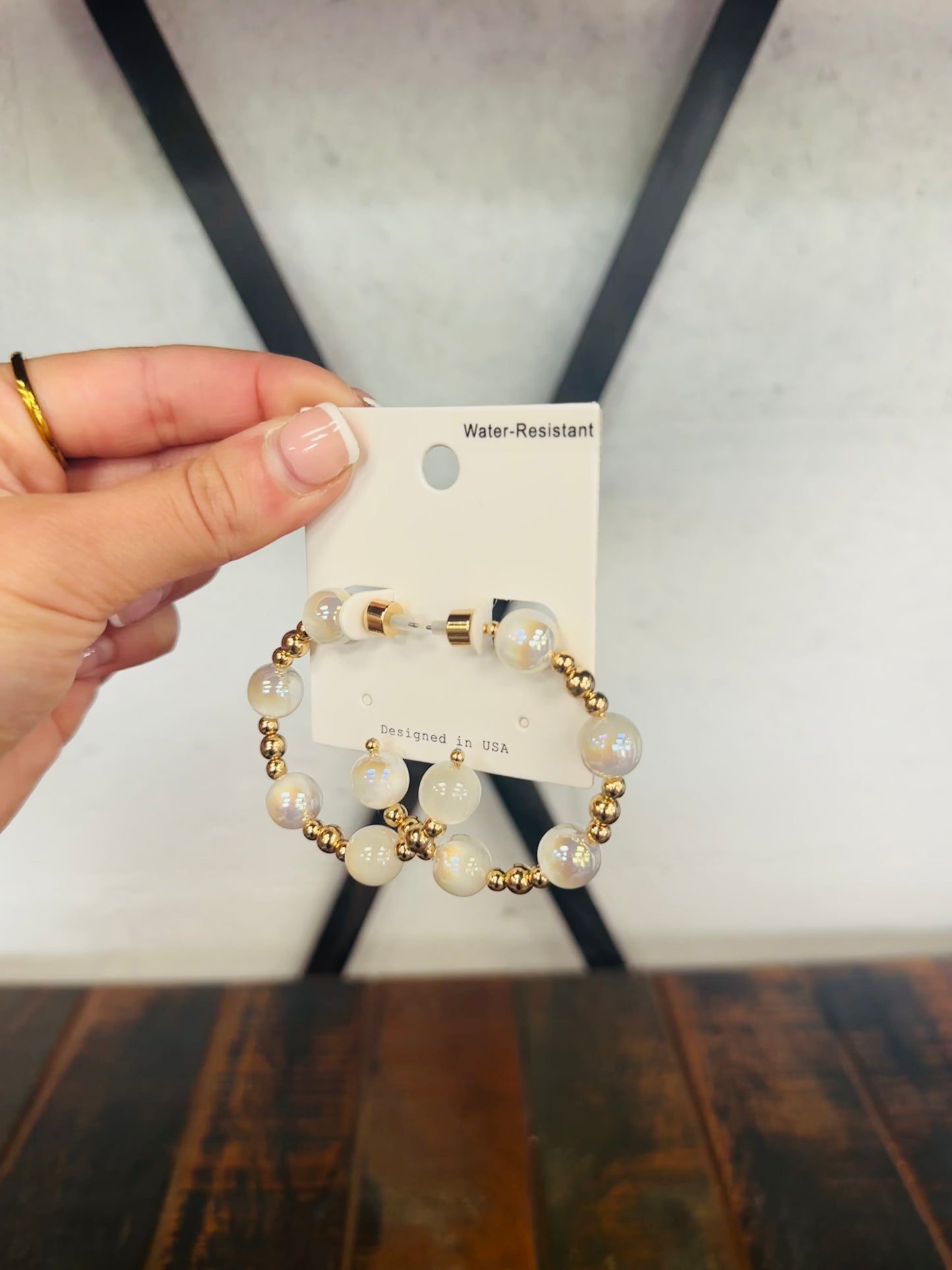 White + Gold Bead Ball Hoop Earring