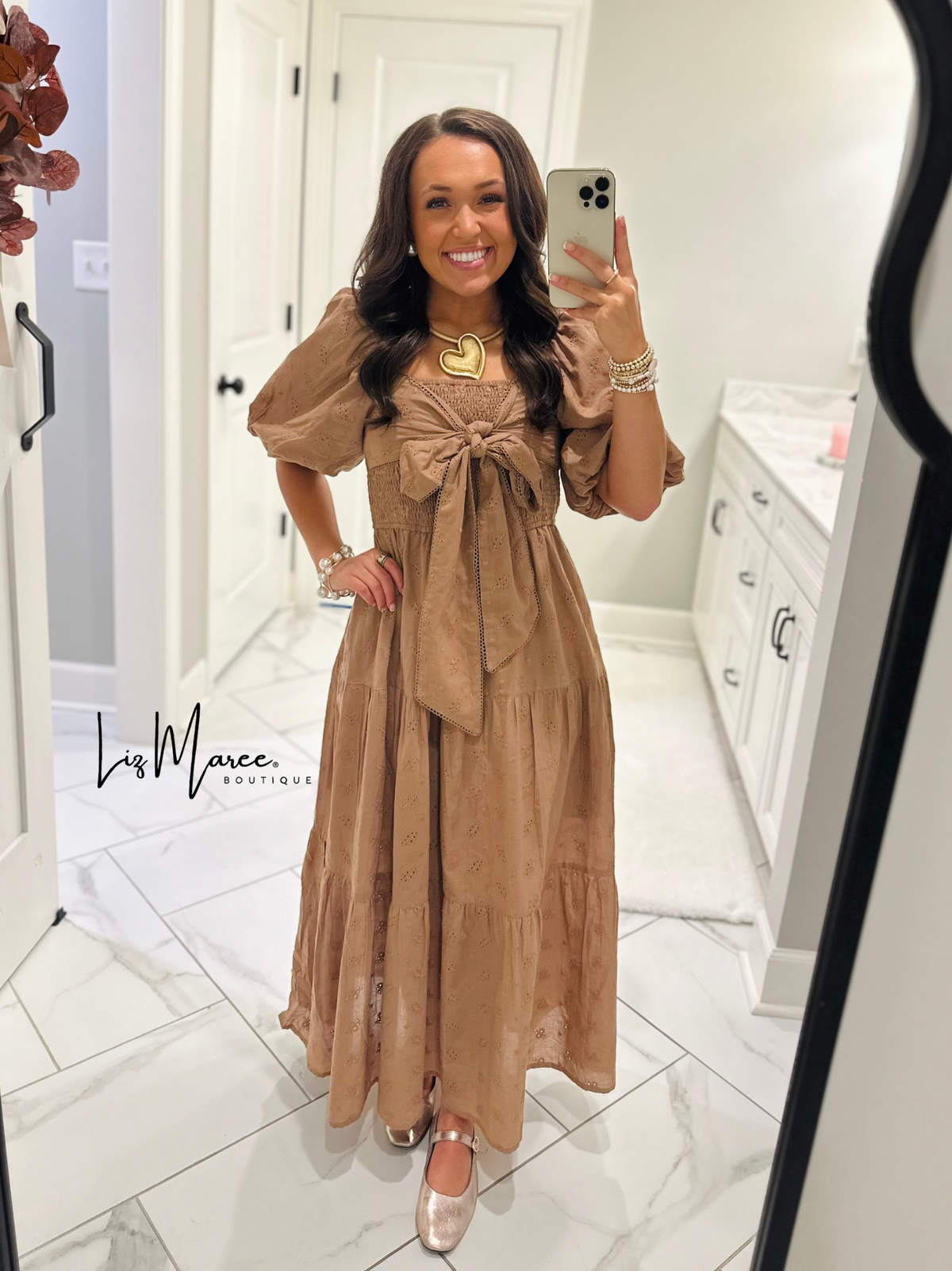 The Isabelle Light Brown Eyelet Bow Midi Dress