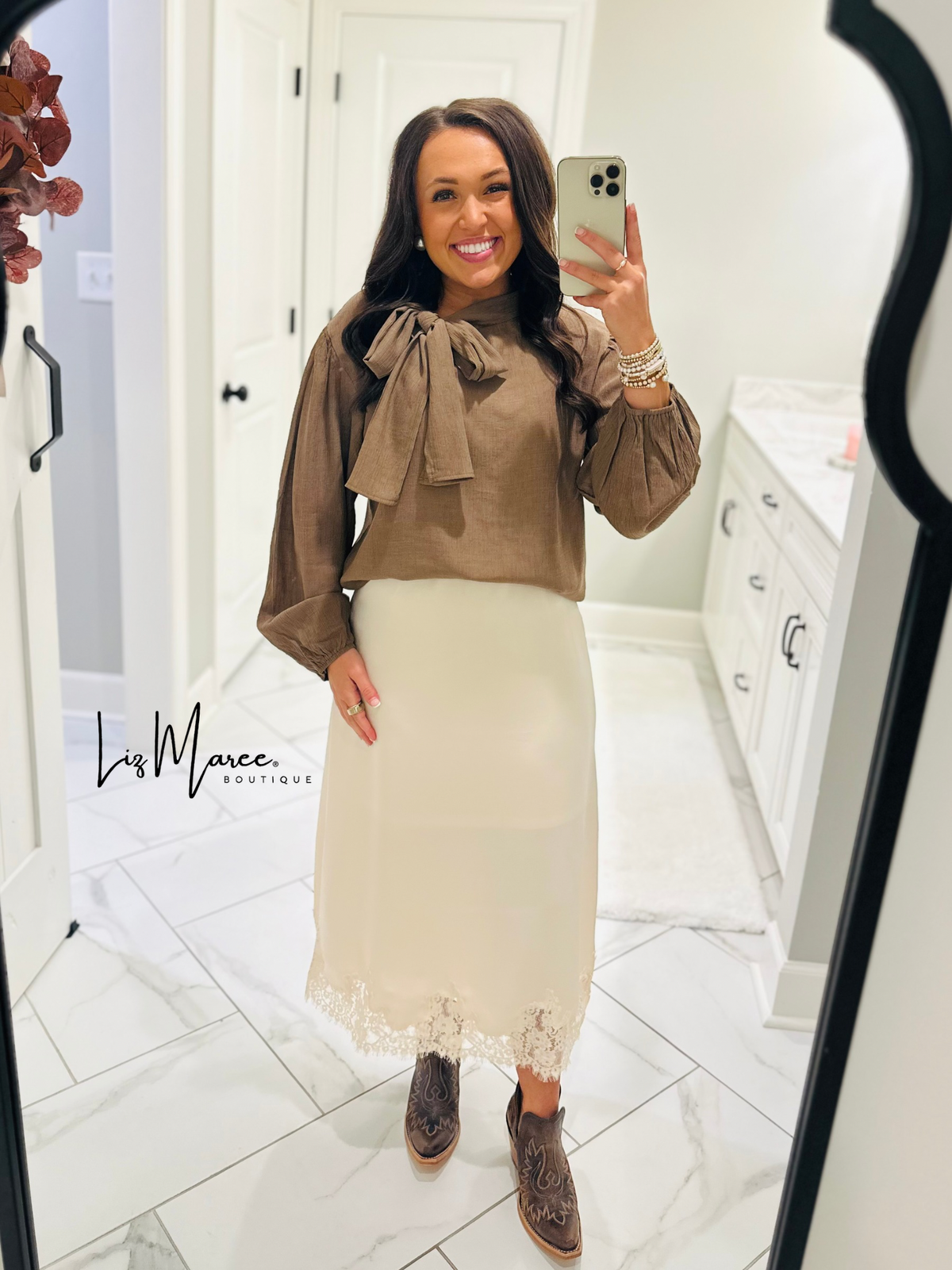 The Lorie Coco Brown Long Sleeve Bow Top
