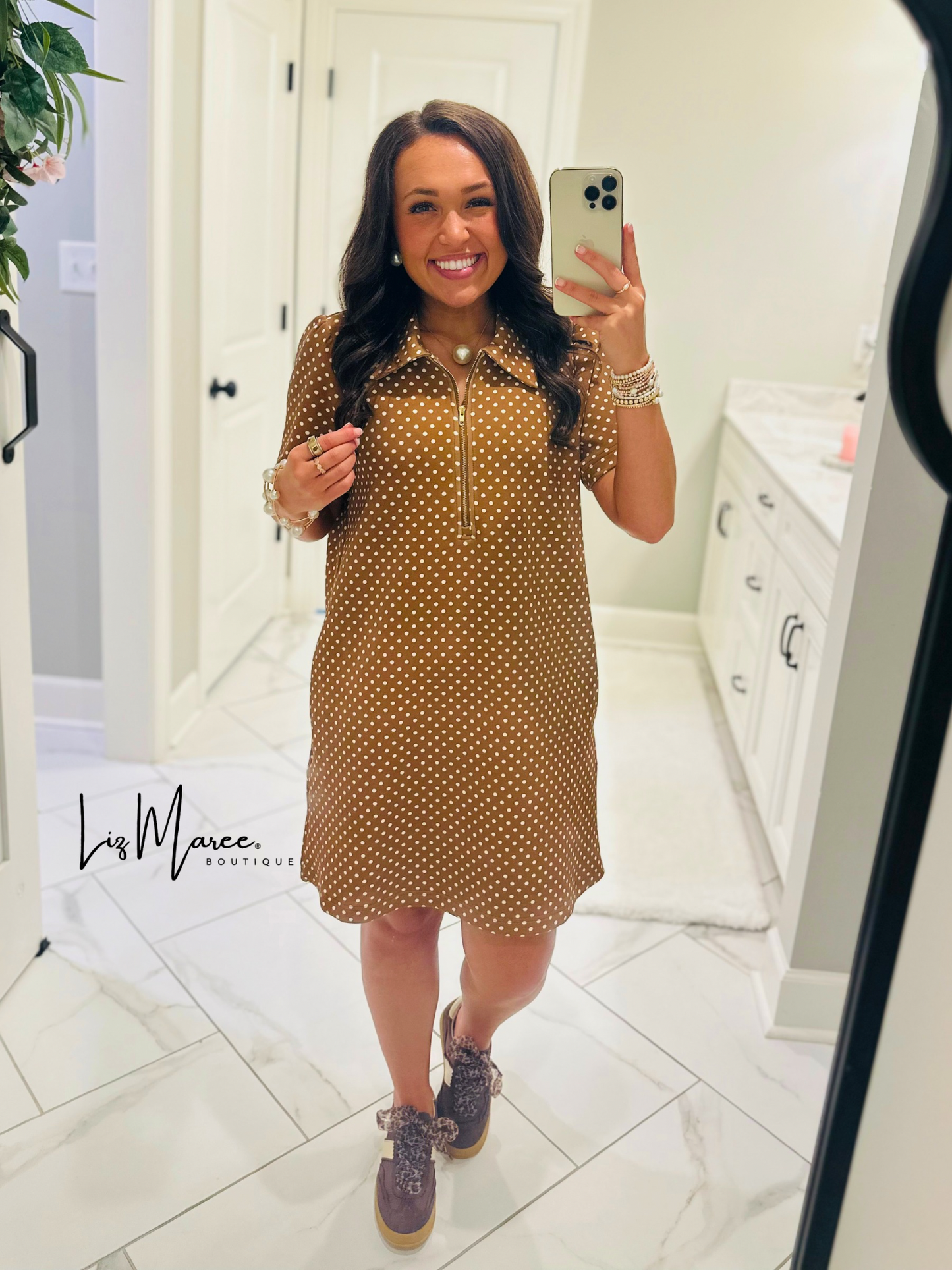 The Hadley Caramel Brown Polka Dot Quarter Zip Dress