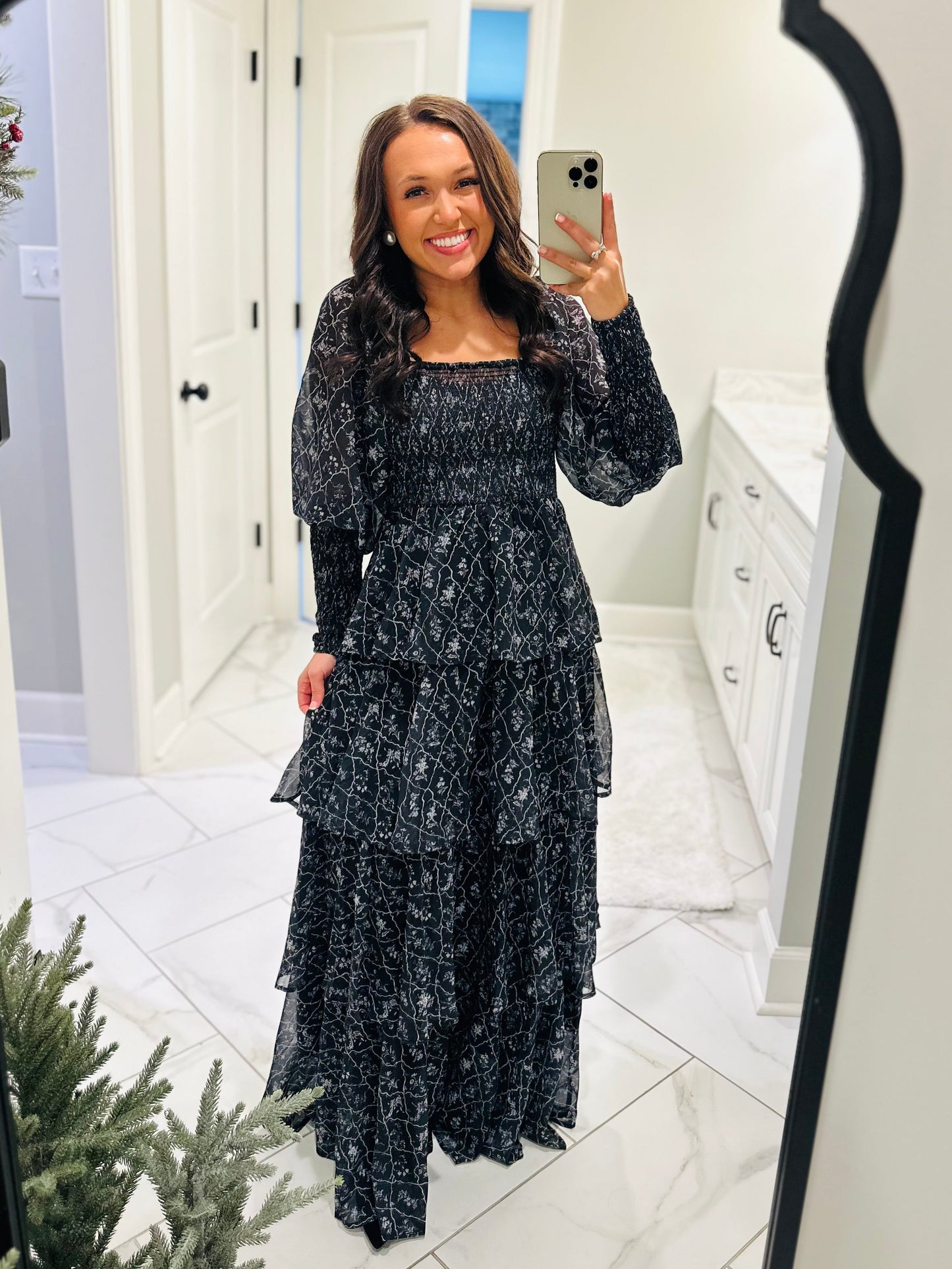 The Mae Black Ruffle Tiered Long Sleeve Maxi Dress