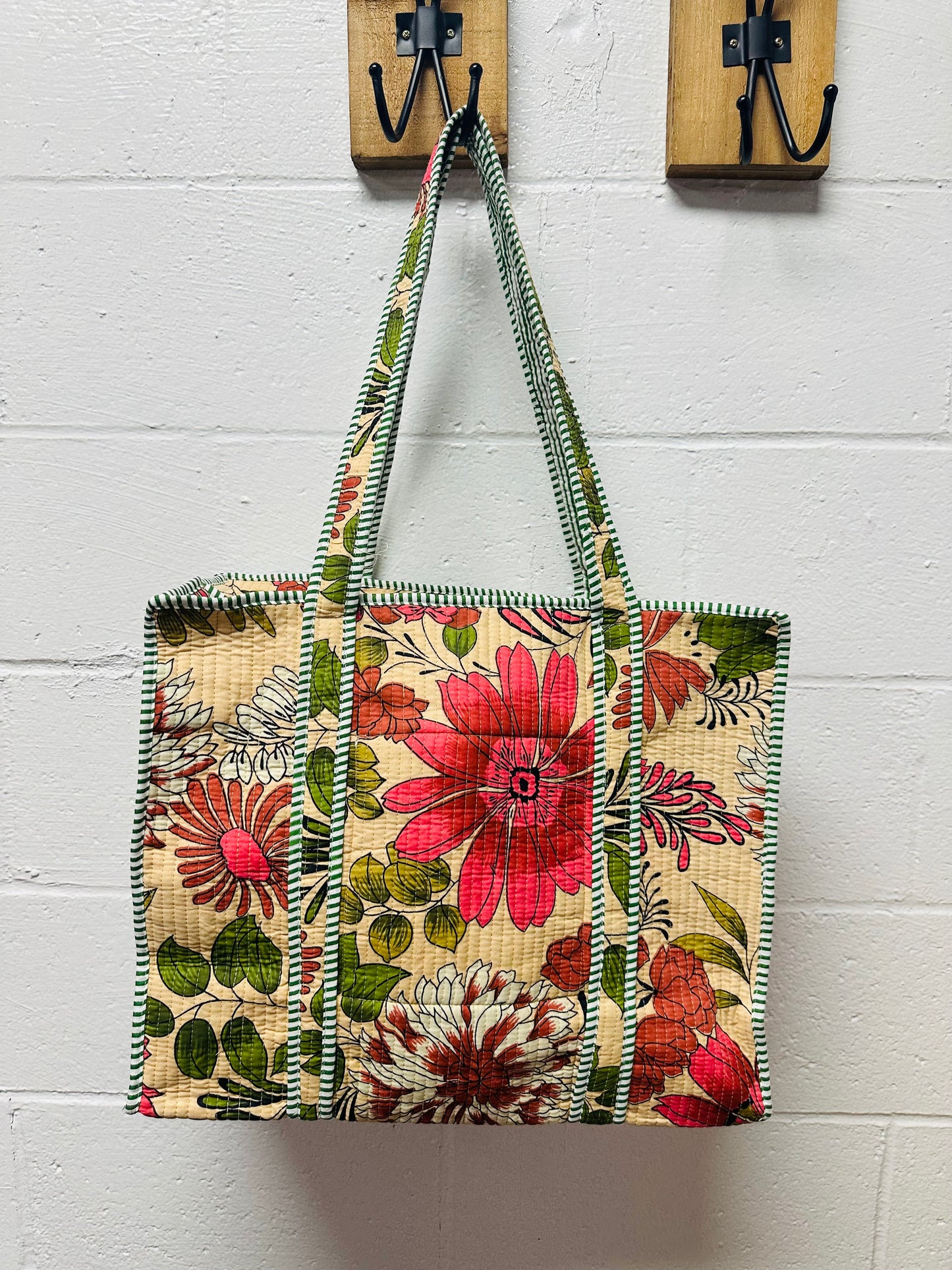 The Beige Cream Flower Power Quilted Tote Bag