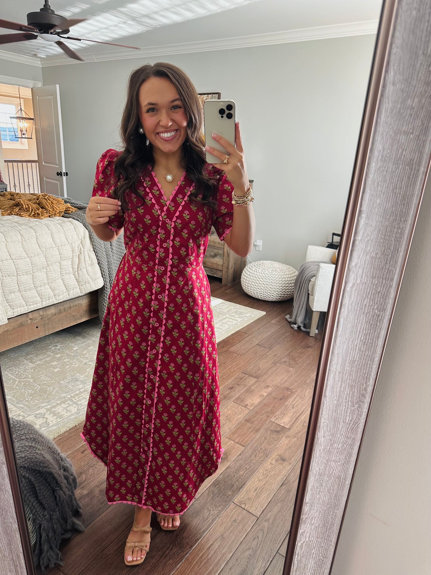 The Charlotte Burgundy Floral Scallop Trim Midi Dress