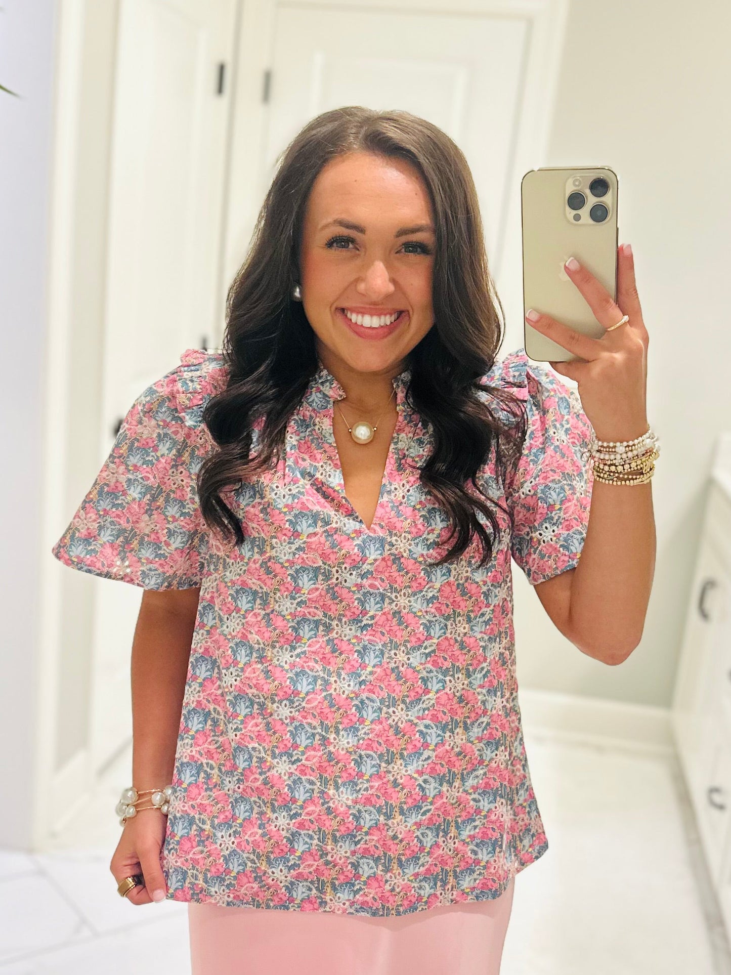 The Gemalee Pink + Green Eyelet Top