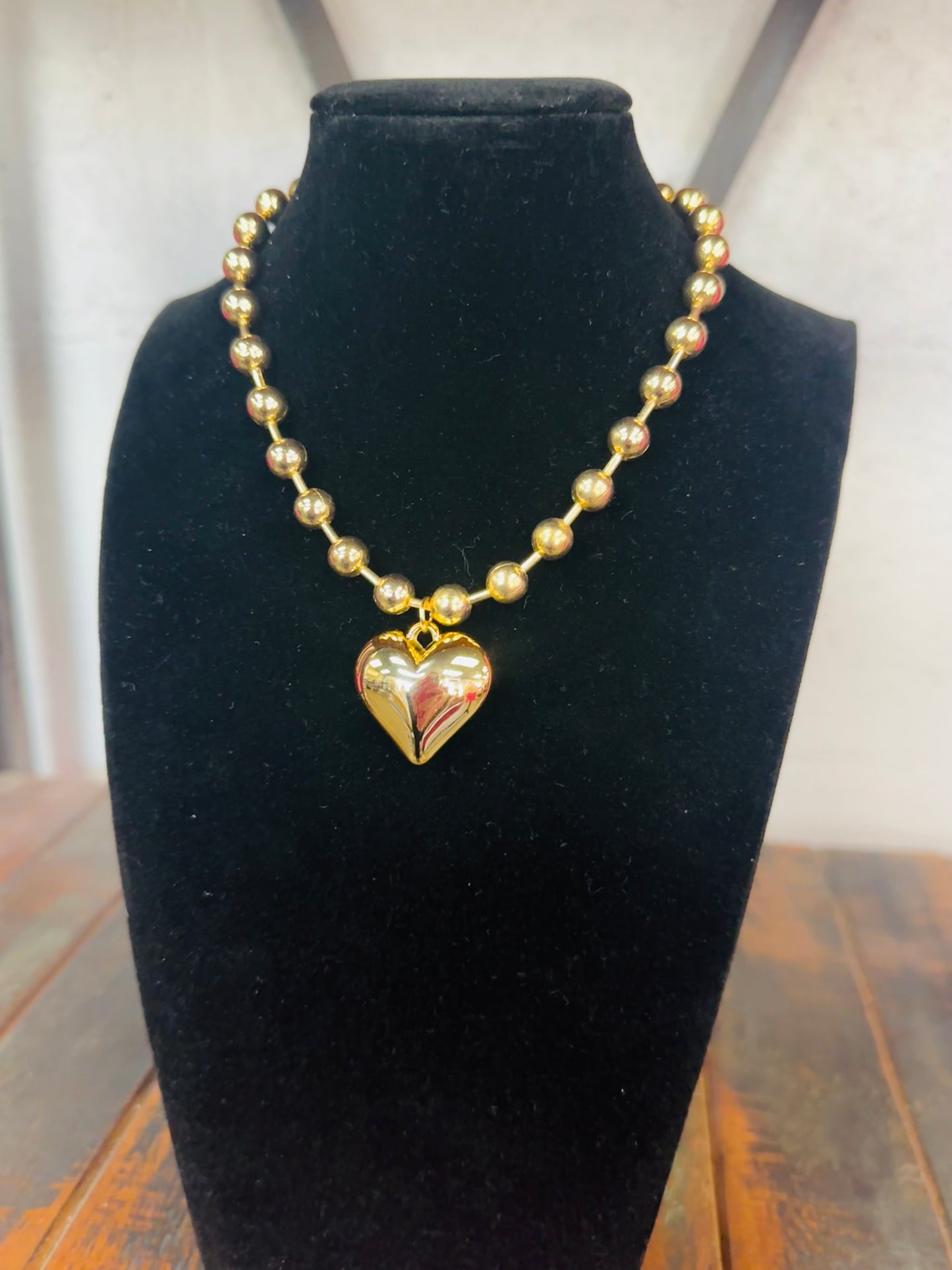 Gold Puffy Heart Beaded Necklace