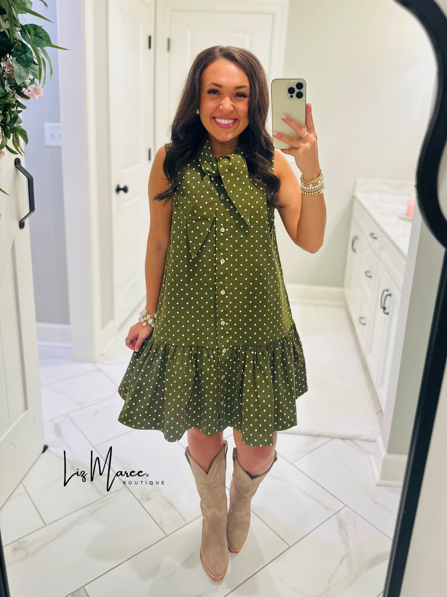 The Stella Olive Green Polka Dot Denim Dress