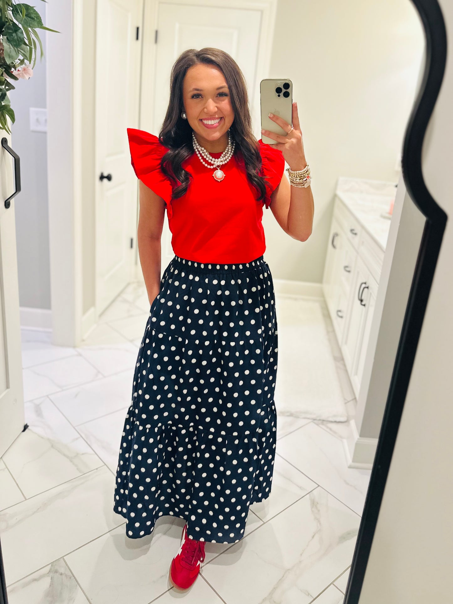 The Nanci Navy Polka Dot Tiered Midi Skirt